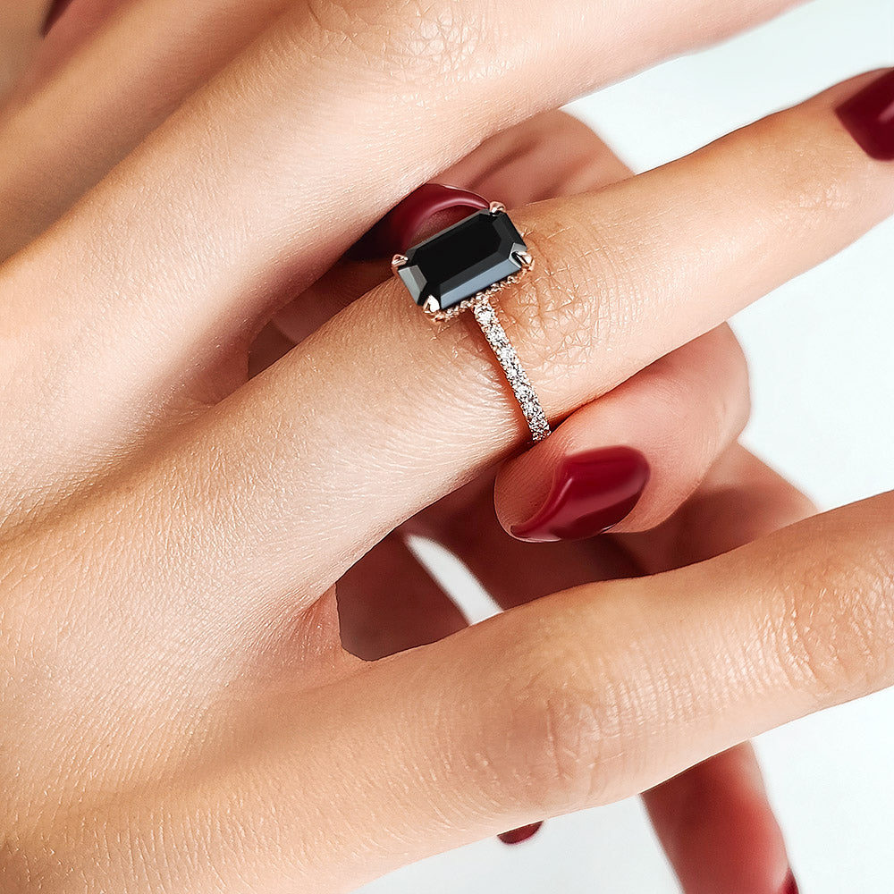 2.2 Carats  Natural Black Diamond Emerald Cut Engagement Ring
