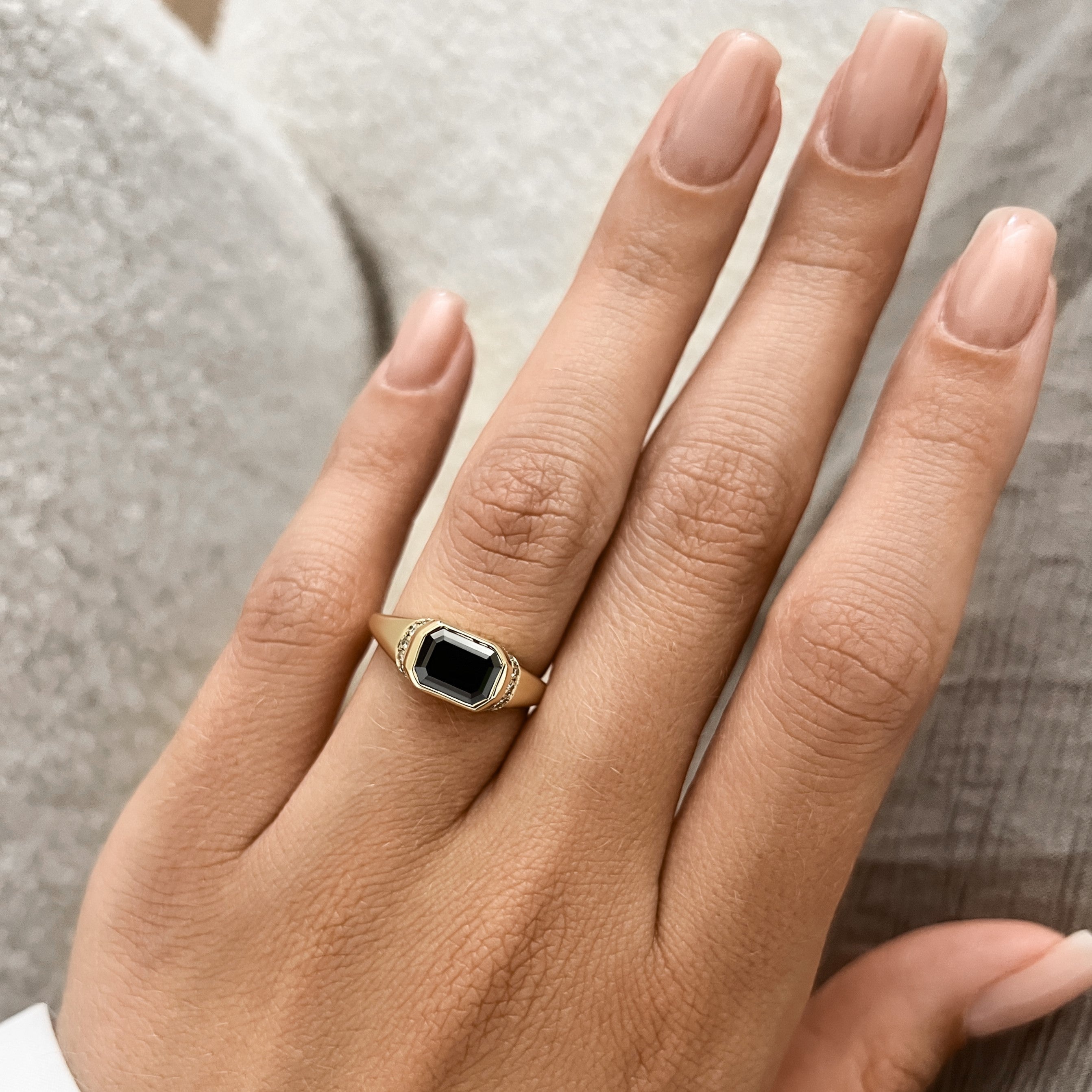 Art Deco Natural Black Diamond Emerald Cut Engagement Ring in Yellow Gold