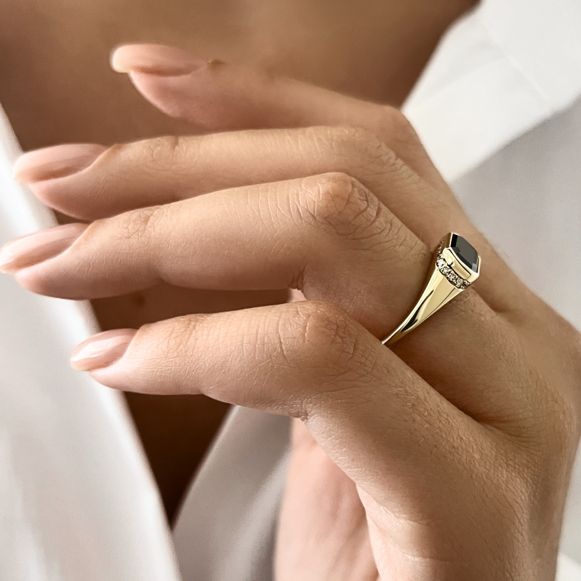 Art Deco Natural Black Diamond Emerald Cut Engagement Ring in Yellow Gold