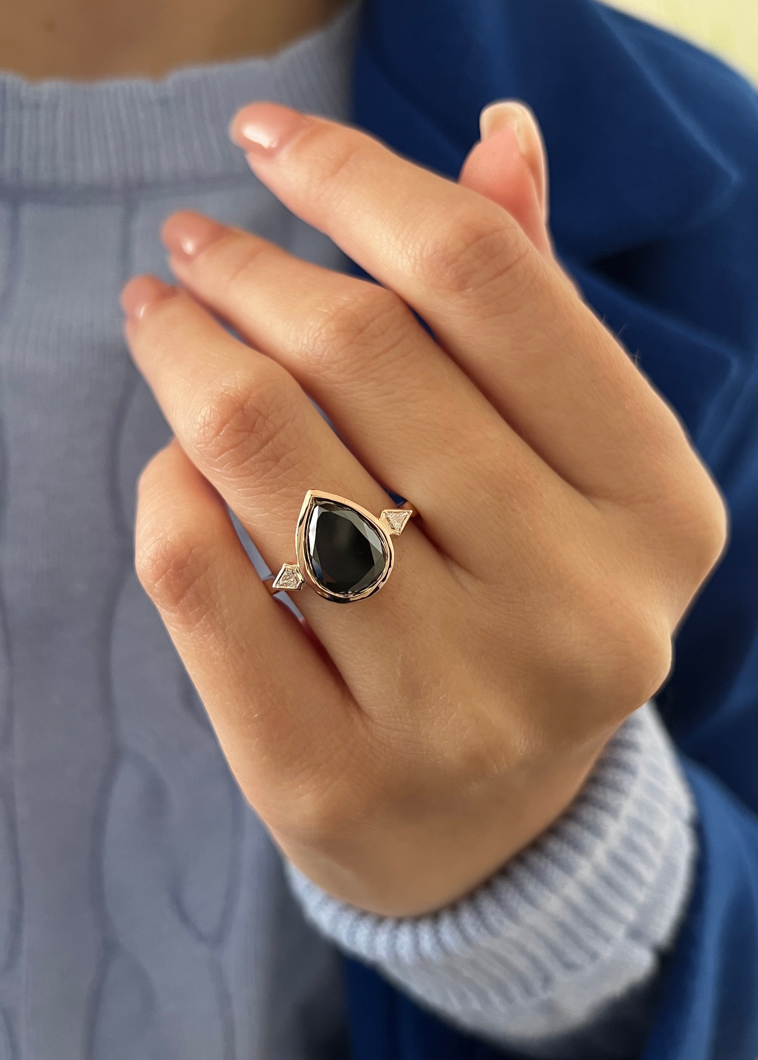 Three Stone  Natural Black Diamond Pear Engagement Ring