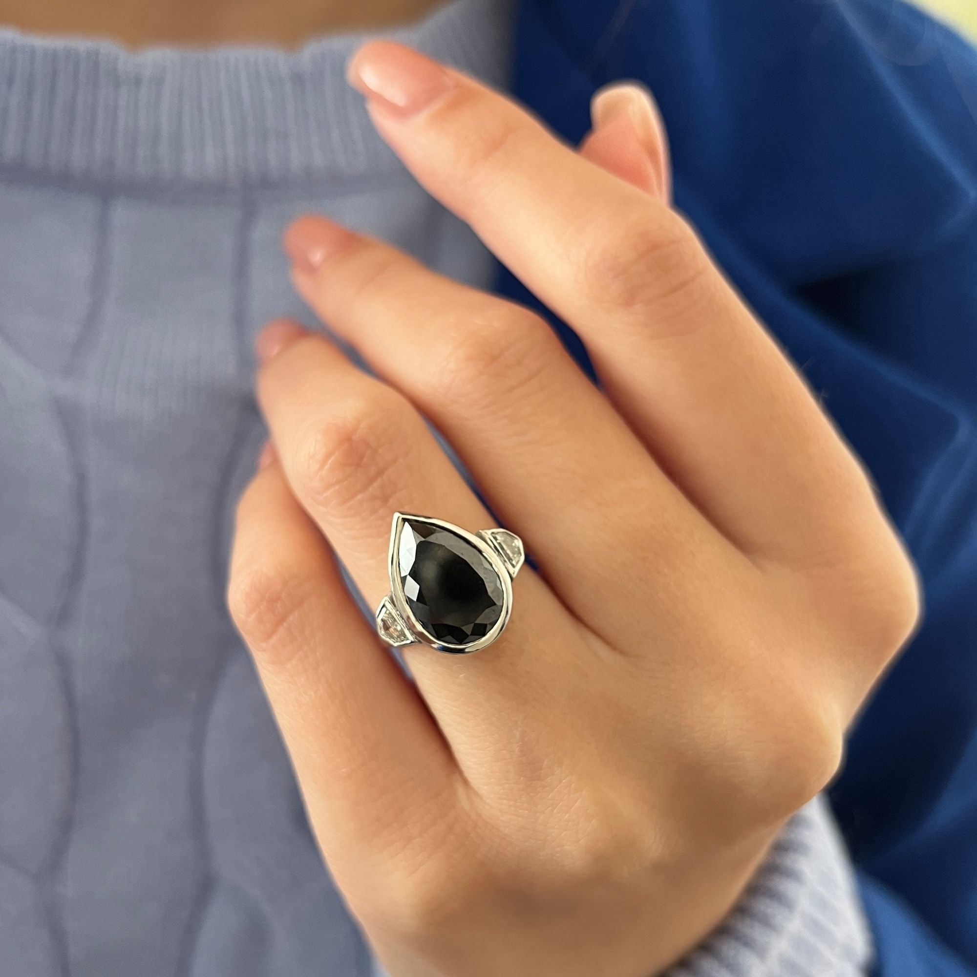 Bezel  Natural Black Diamond Pear Engagement Ring