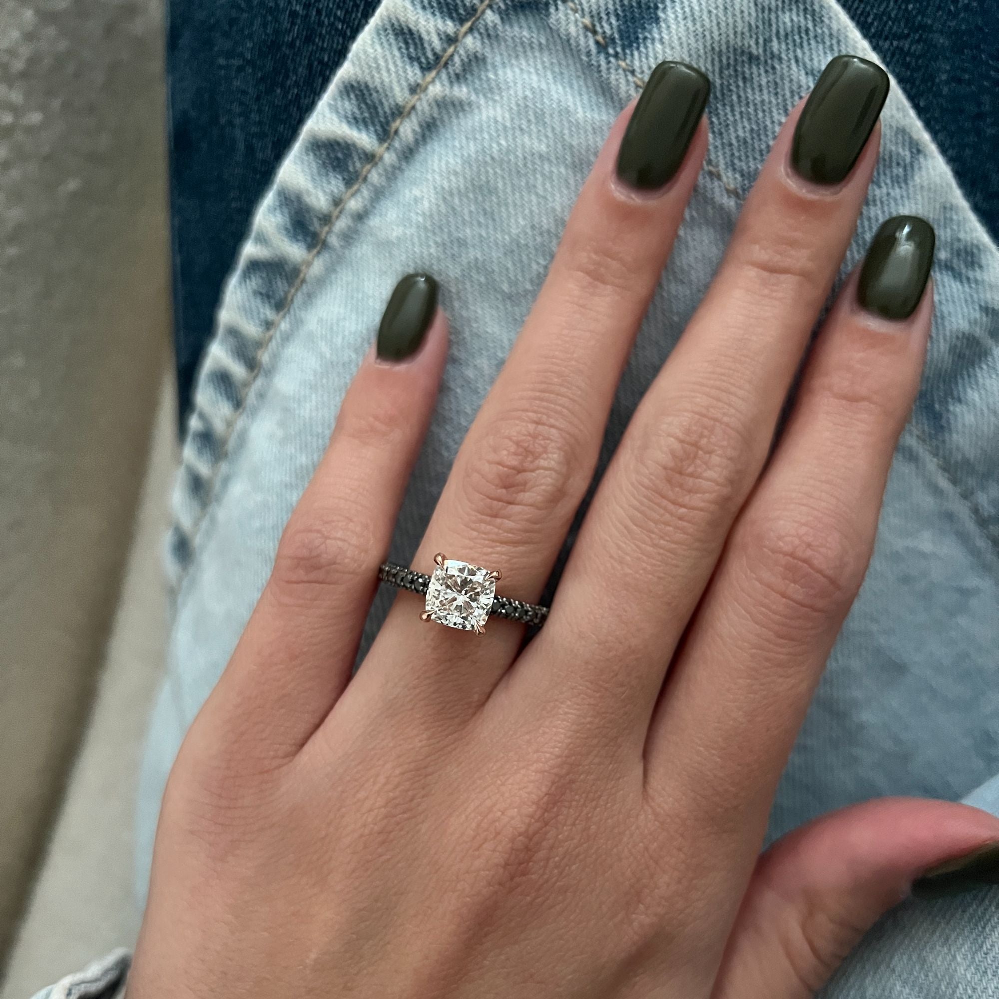 White & Black Diamonds Cushion Cut Engagement Ring