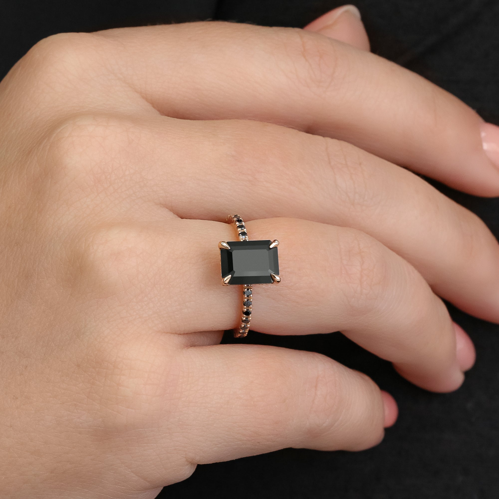 Unique Natural Black Diamond Emerald Cut Engagement Ring In Rose Gold