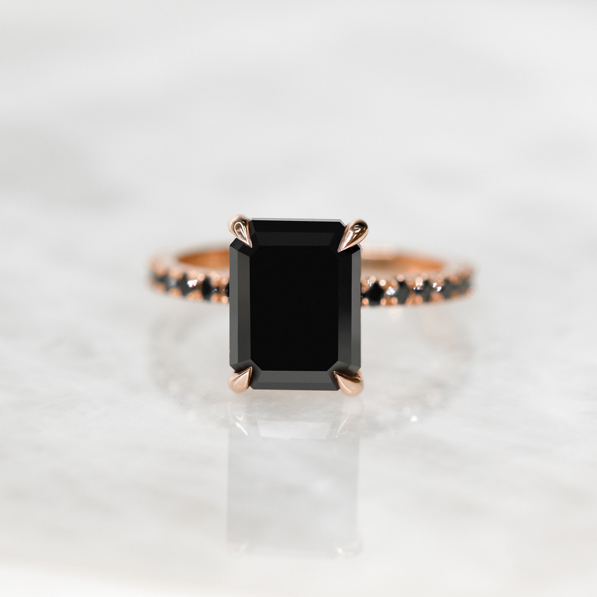 Unique Natural Black Diamond Emerald Cut Engagement Ring In Rose Gold