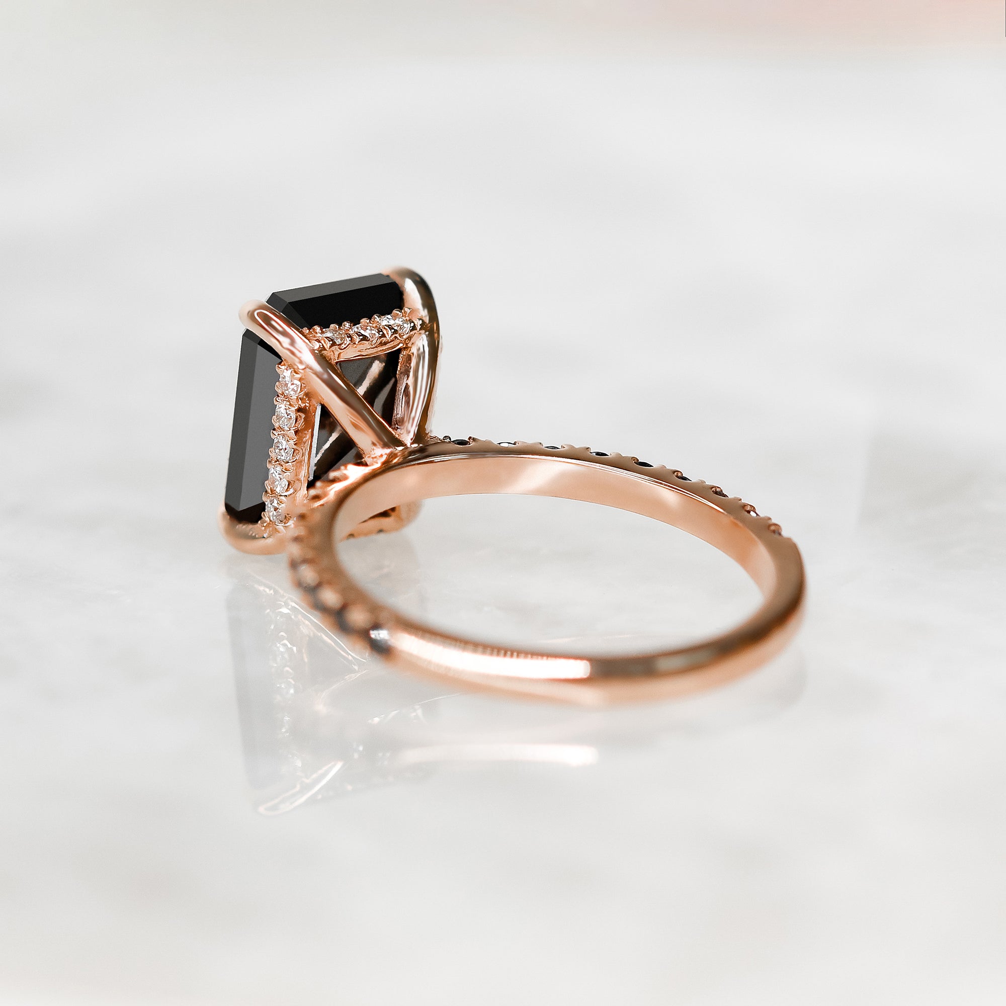 Unique Natural Black Diamond Emerald Cut Engagement Ring In Rose Gold