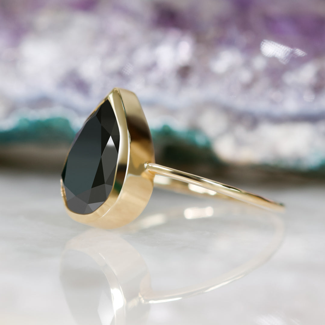 Bezel Natural Black Diamond Pear Cut Engagement Ring