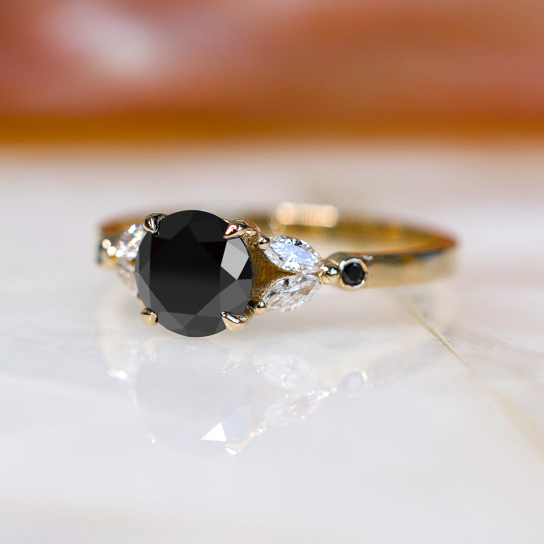 Floral  Natural Black & White Marquise Diamond Ring