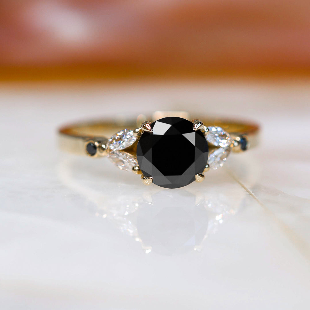 Floral  Natural Black & White Marquise Diamond Ring