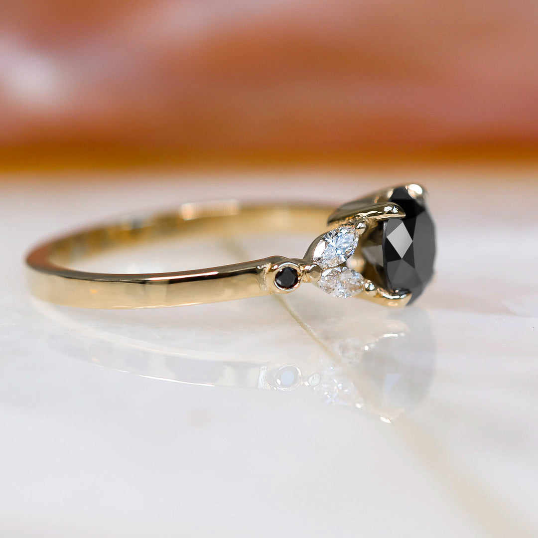 Floral  Natural Black & White Marquise Diamond Ring