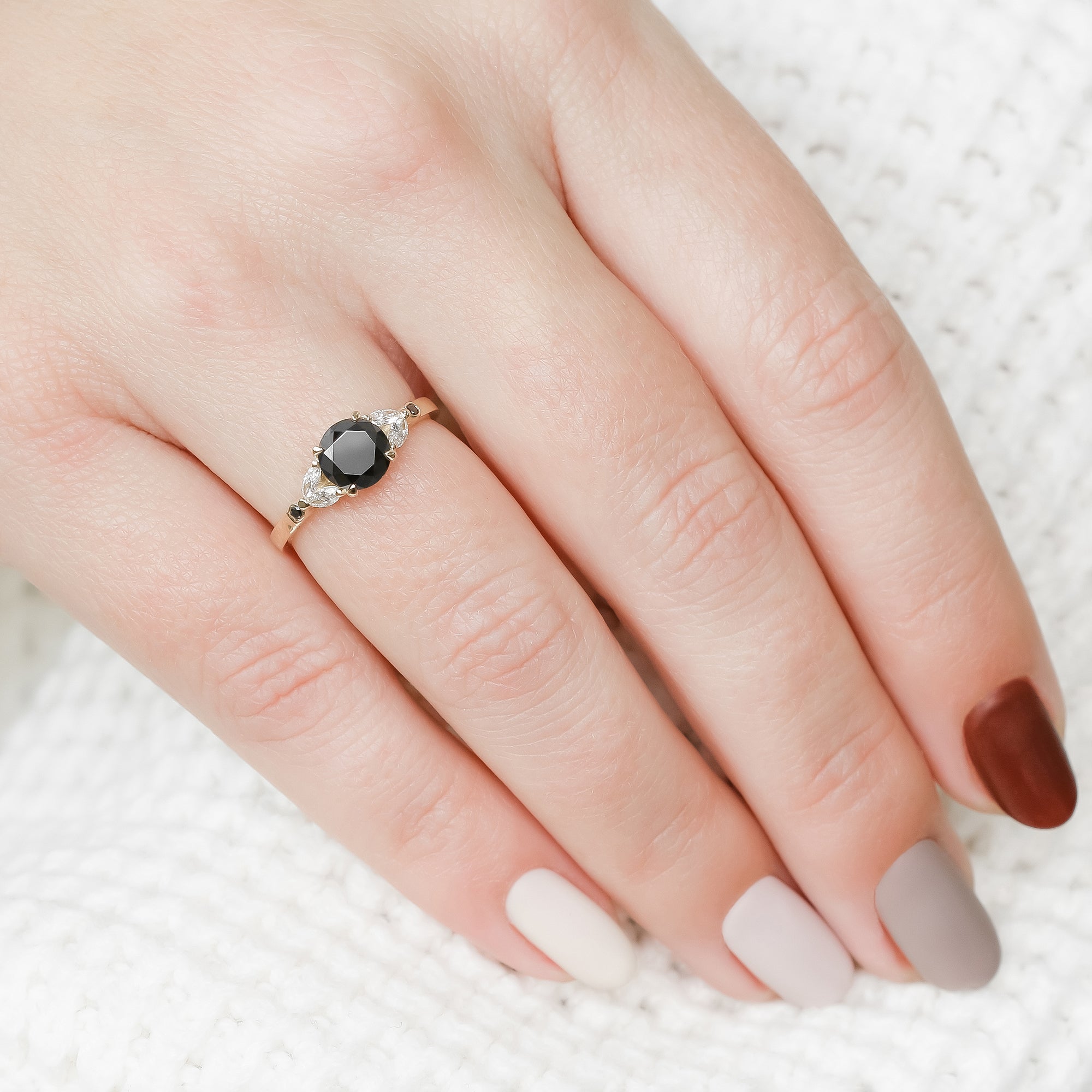 Floral  Natural Black & White Marquise Diamond Ring