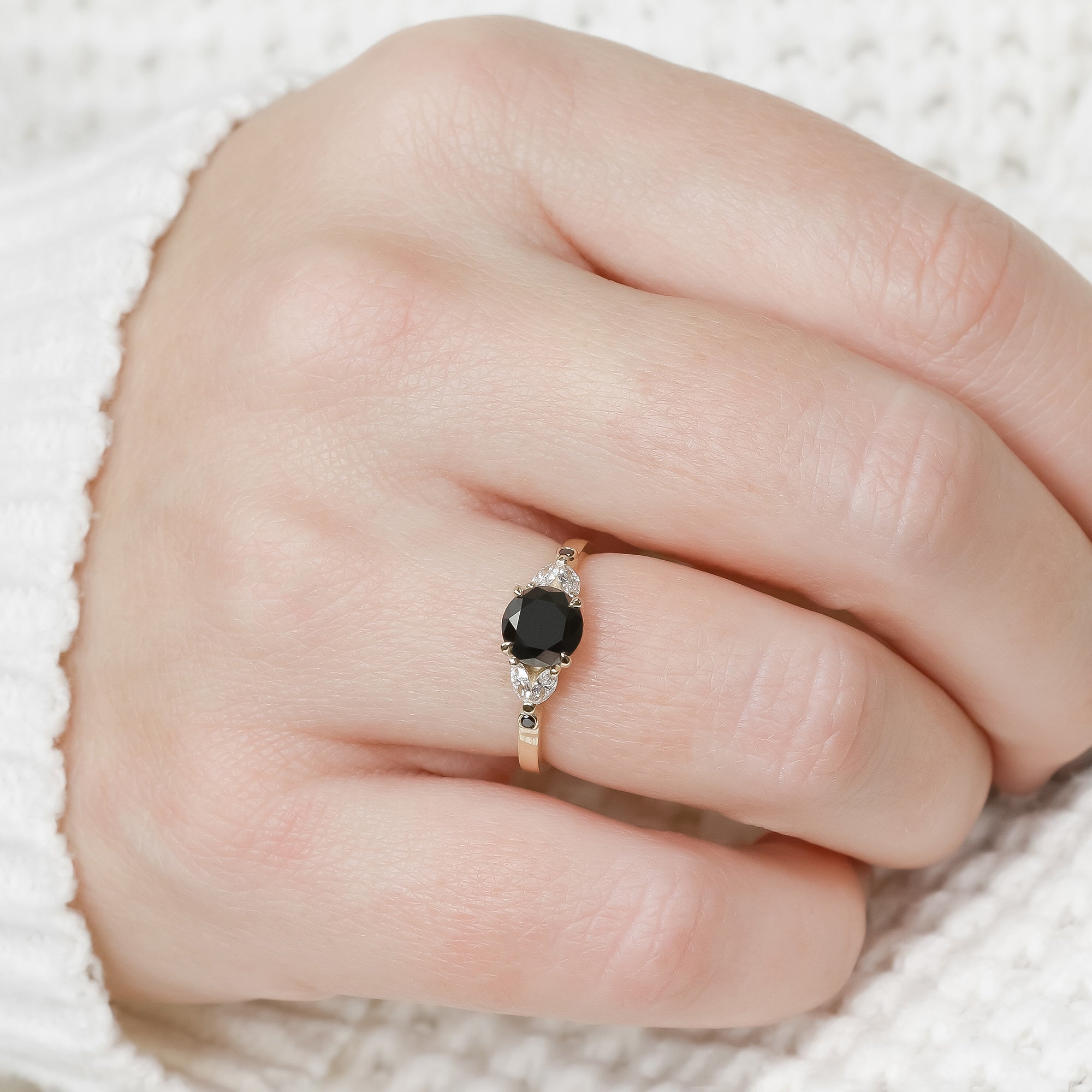 Floral  Natural Black & White Marquise Diamond Ring