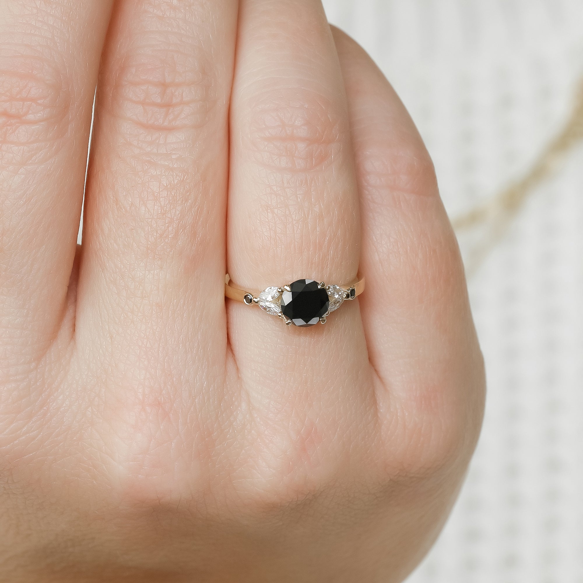 Floral  Natural Black & White Marquise Diamond Ring