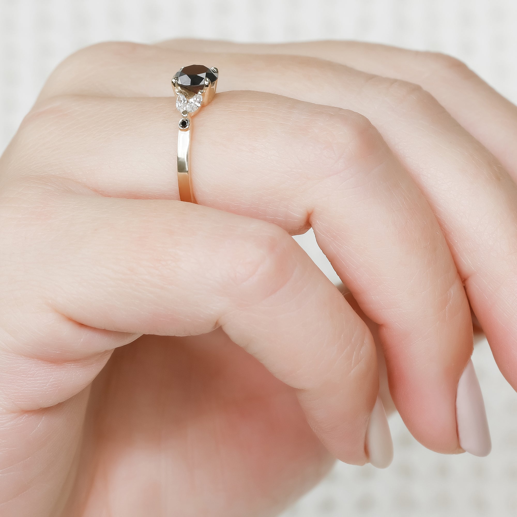 Floral  Natural Black & White Marquise Diamond Ring