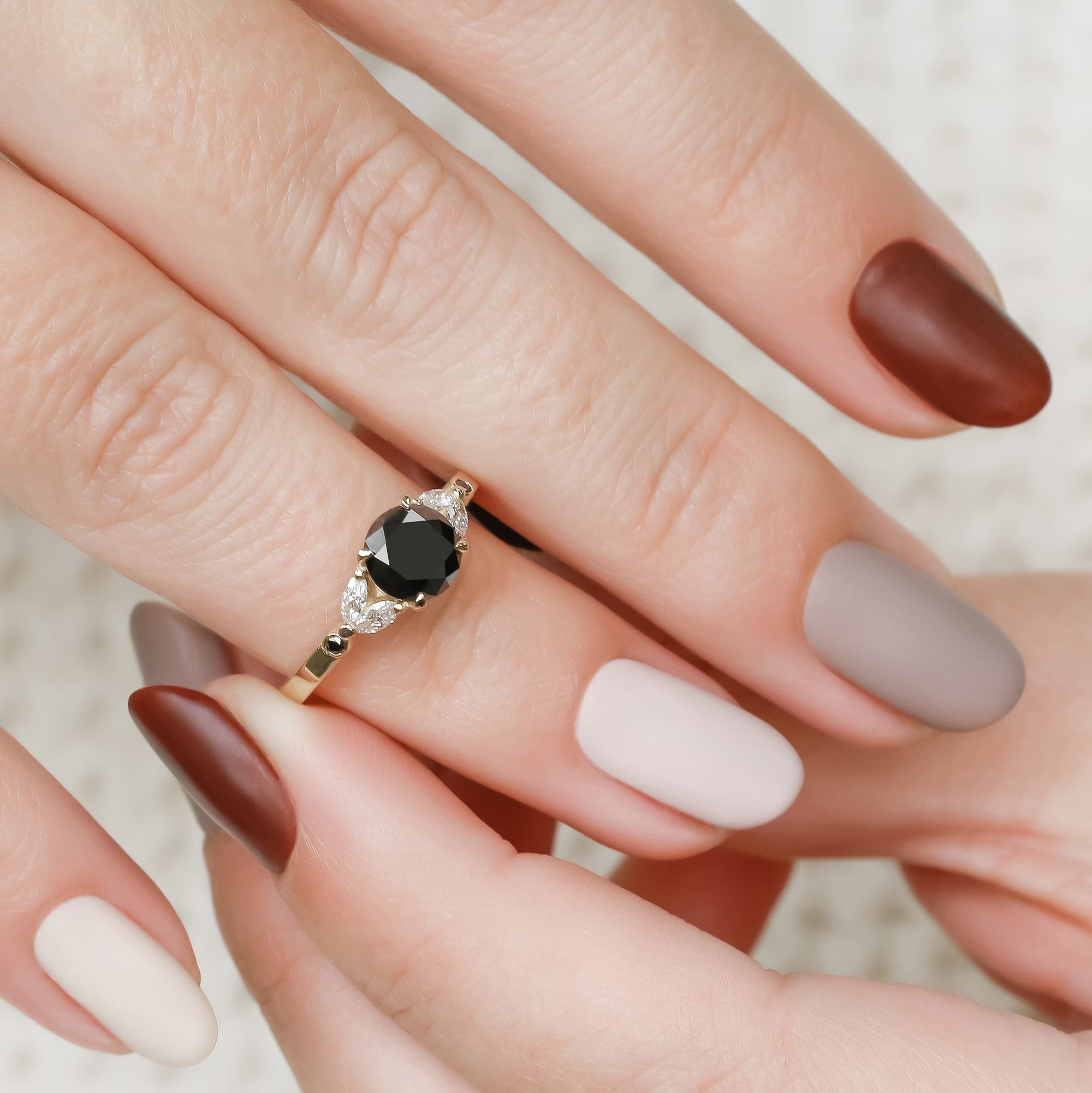 Floral  Natural Black & White Marquise Diamond Ring