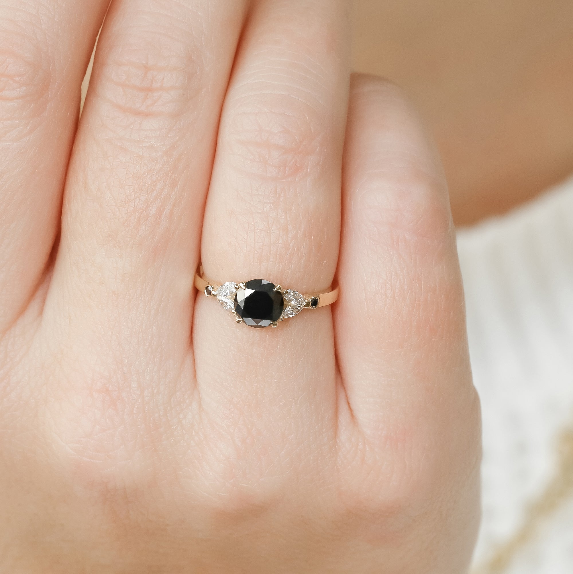 Floral  Natural Black & White Marquise Diamond Ring