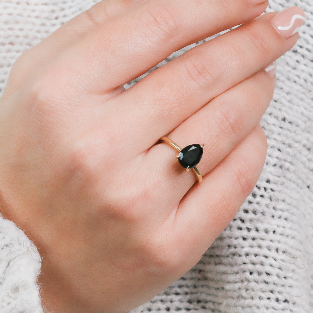 Hidden Halo Natural Black Diamond Pear Engagement Ring