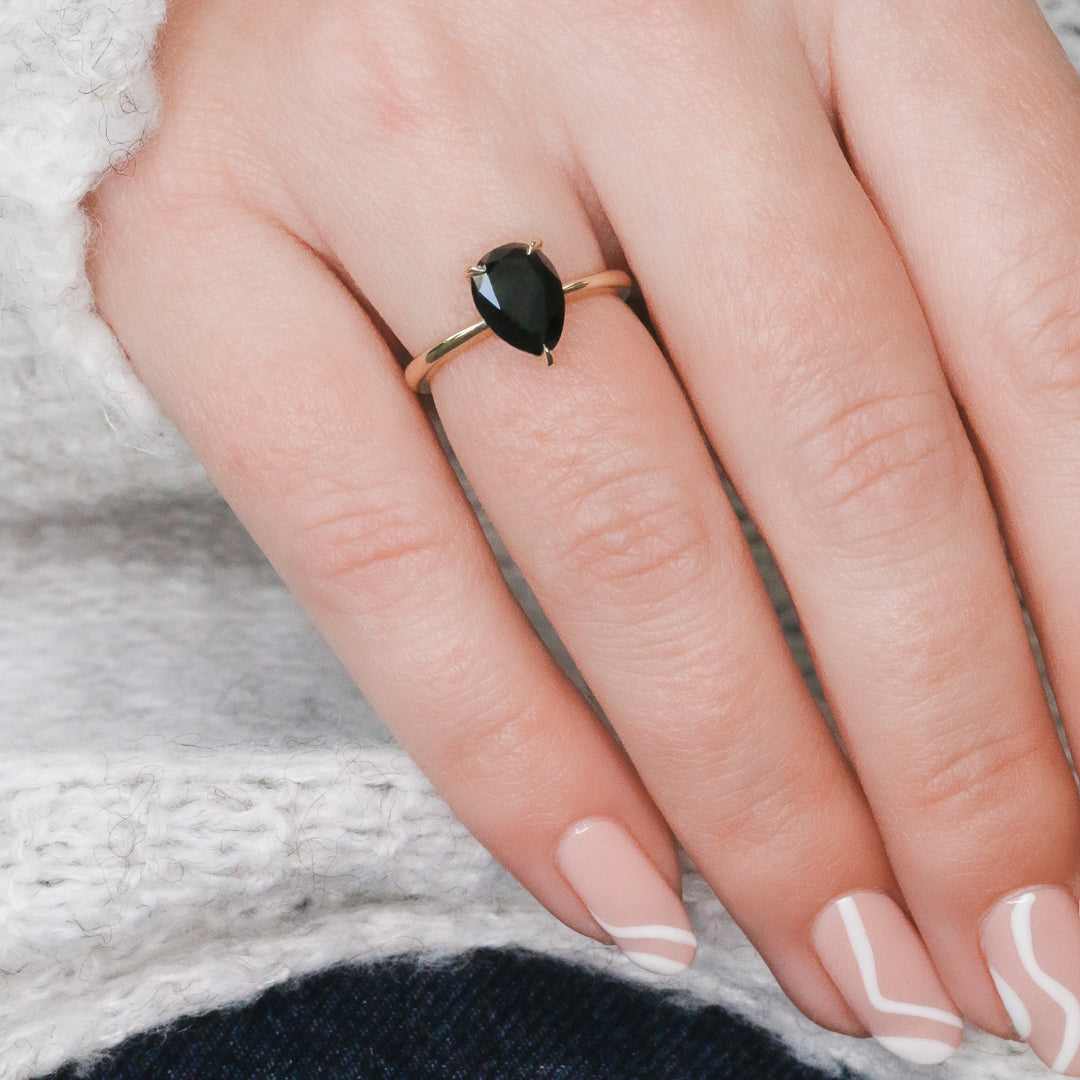 Hidden Halo Natural Black Diamond Pear Engagement Ring