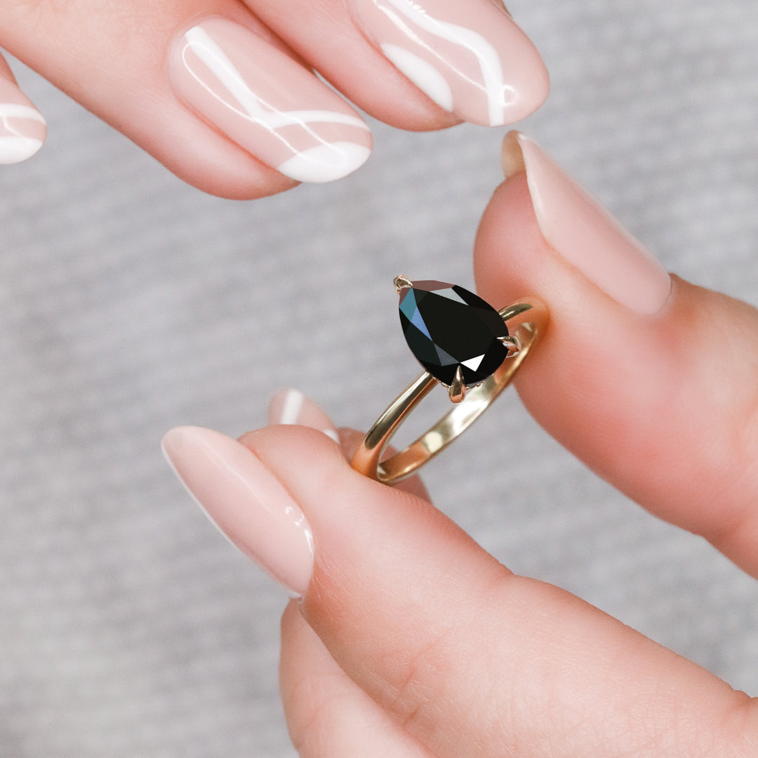 Hidden Halo Natural Black Diamond Pear Engagement Ring