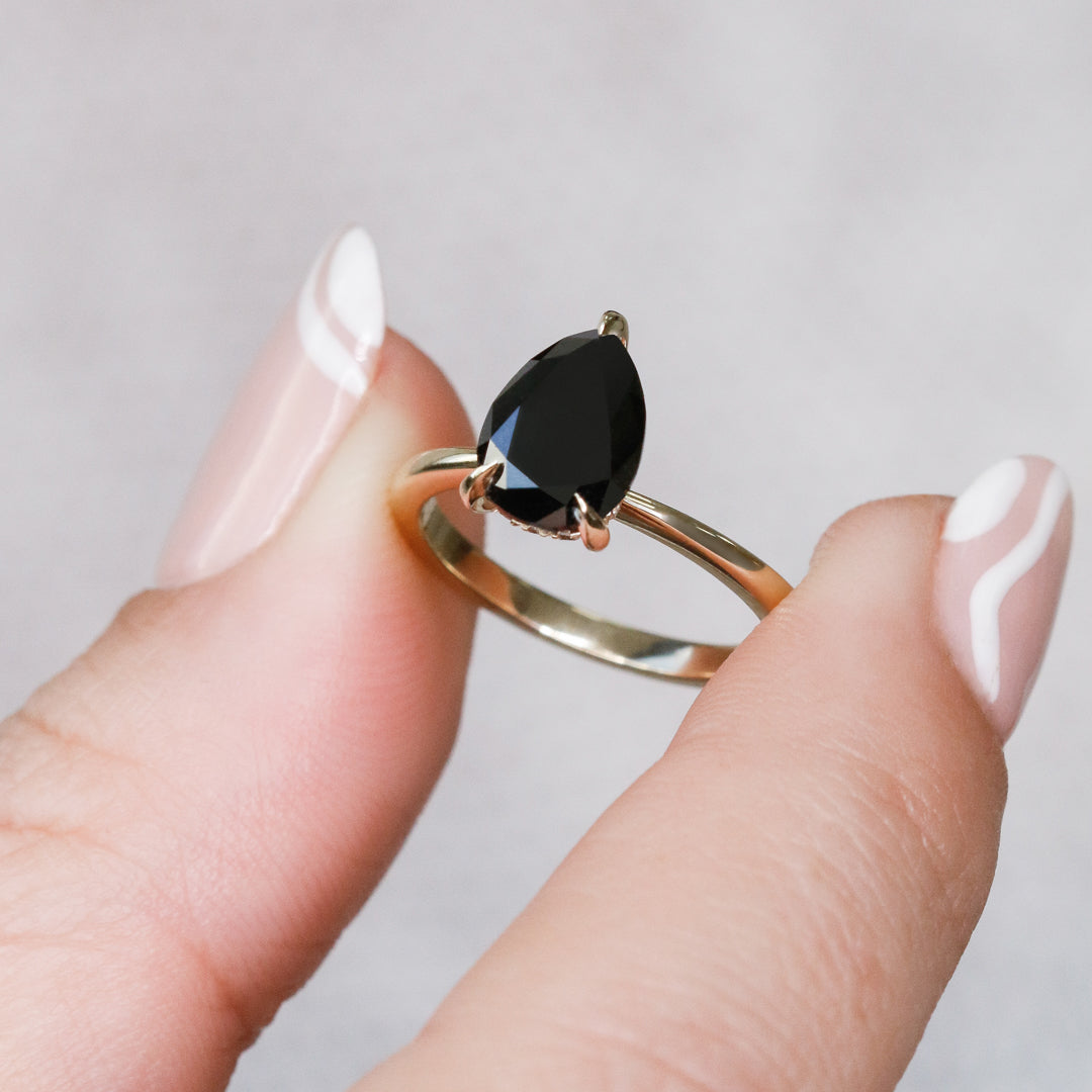 Hidden Halo Natural Black Diamond Pear Engagement Ring
