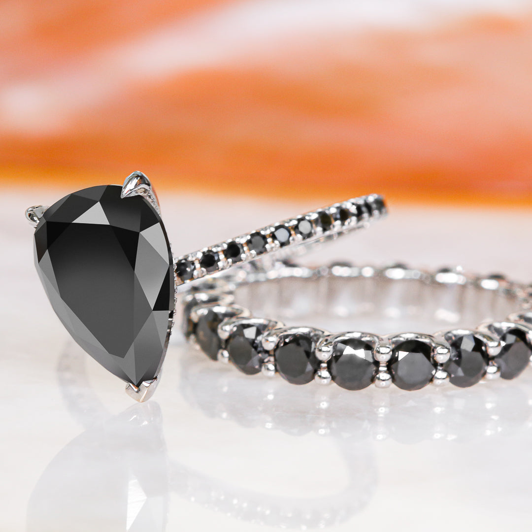 Alternative Natural Black Diamond Pear Cut Engagement Ring