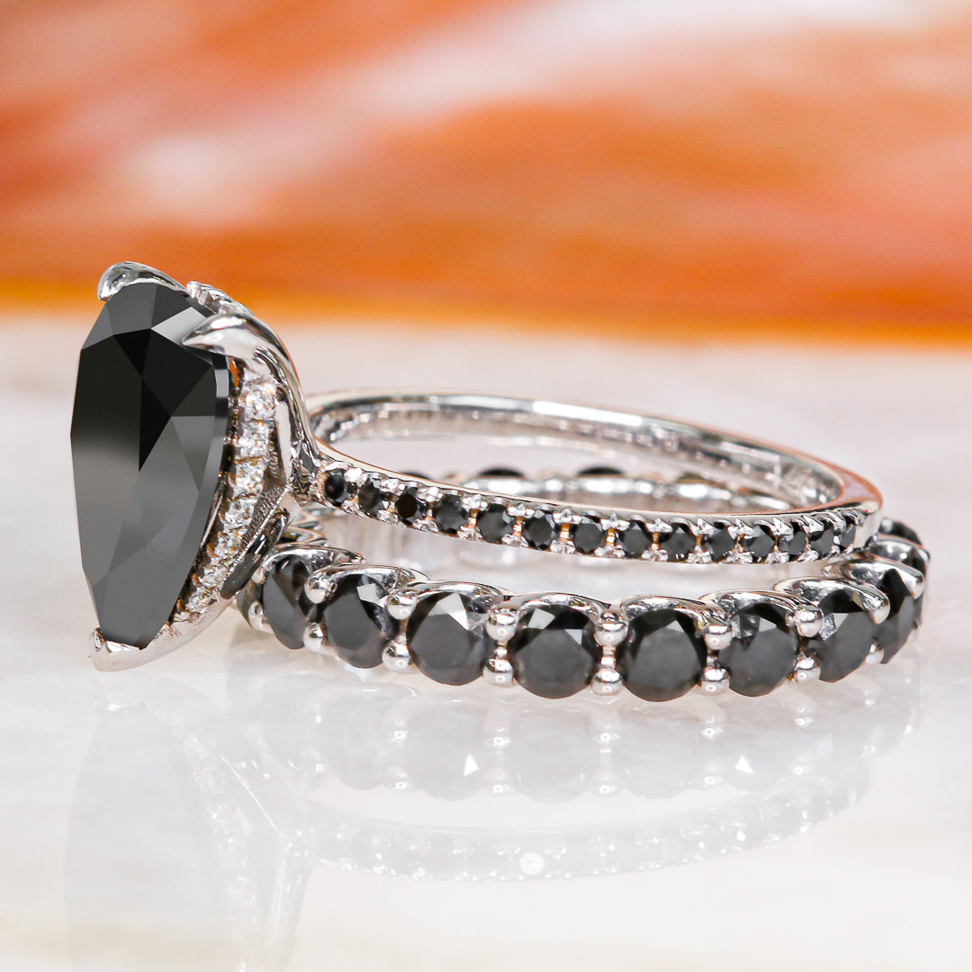Alternative Natural Black Diamond Pear Cut Engagement Ring