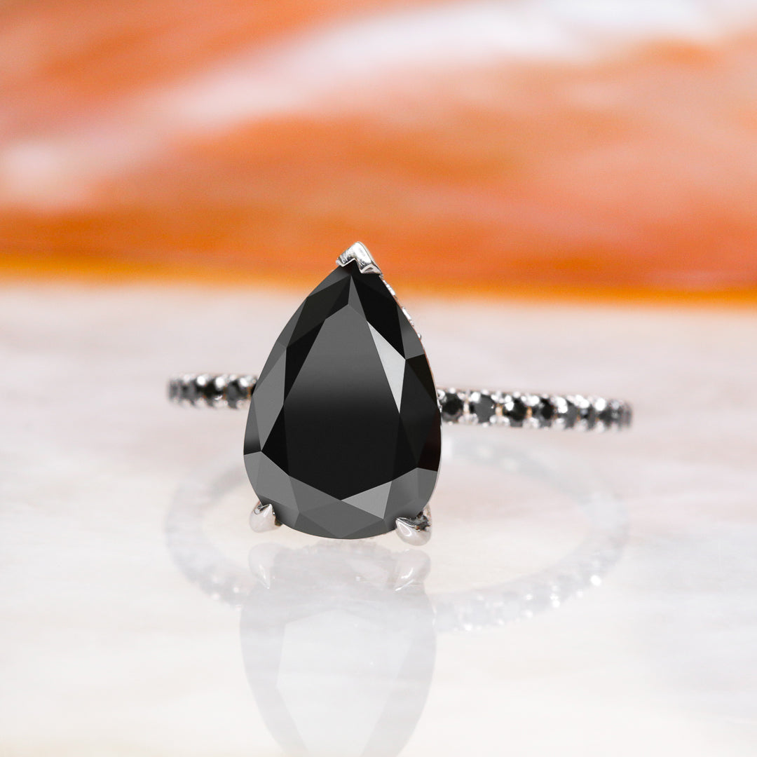 Alternative Natural Black Diamond Pear Cut Engagement Ring