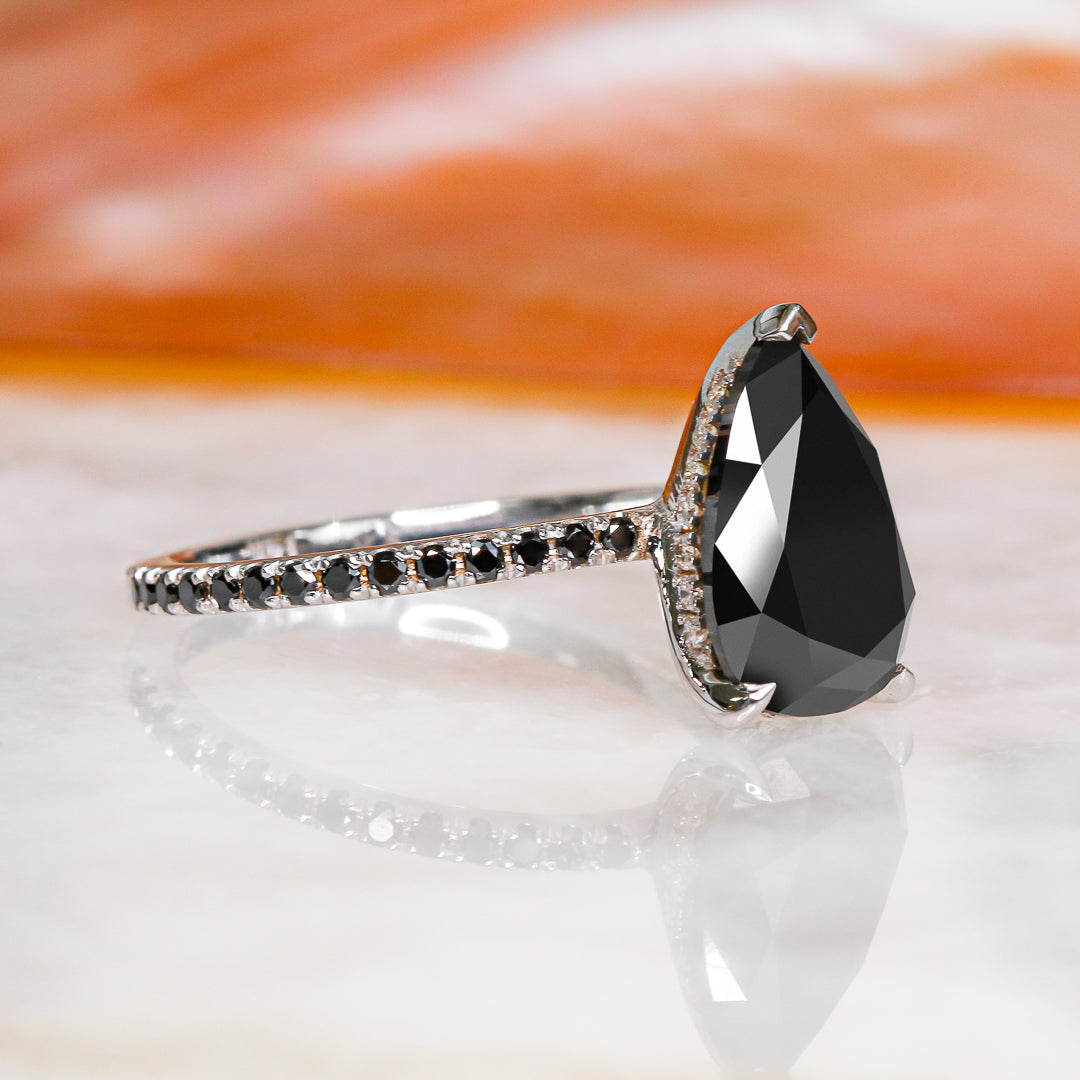 Alternative Natural Black Diamond Pear Cut Engagement Ring