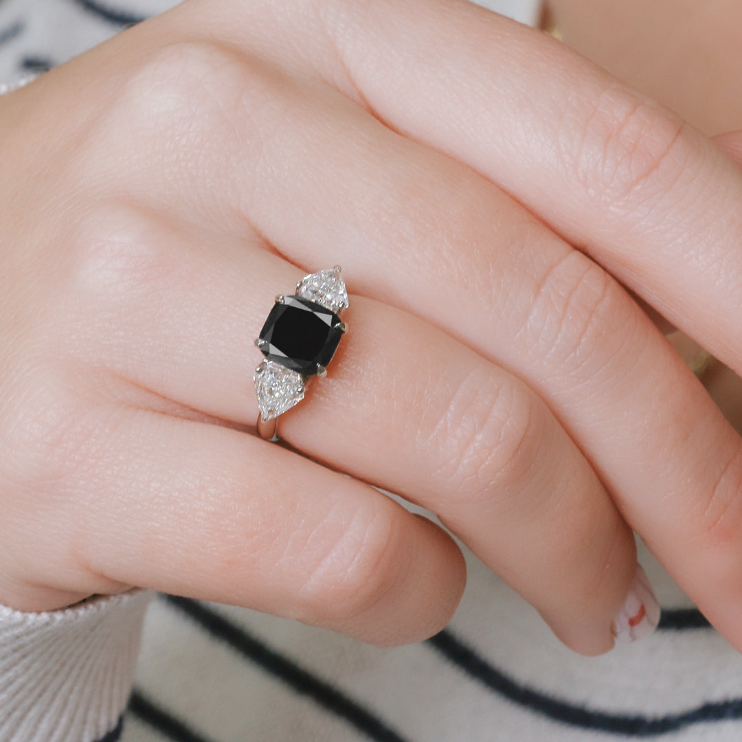 Three Stone  Natural Black Diamond Cushion