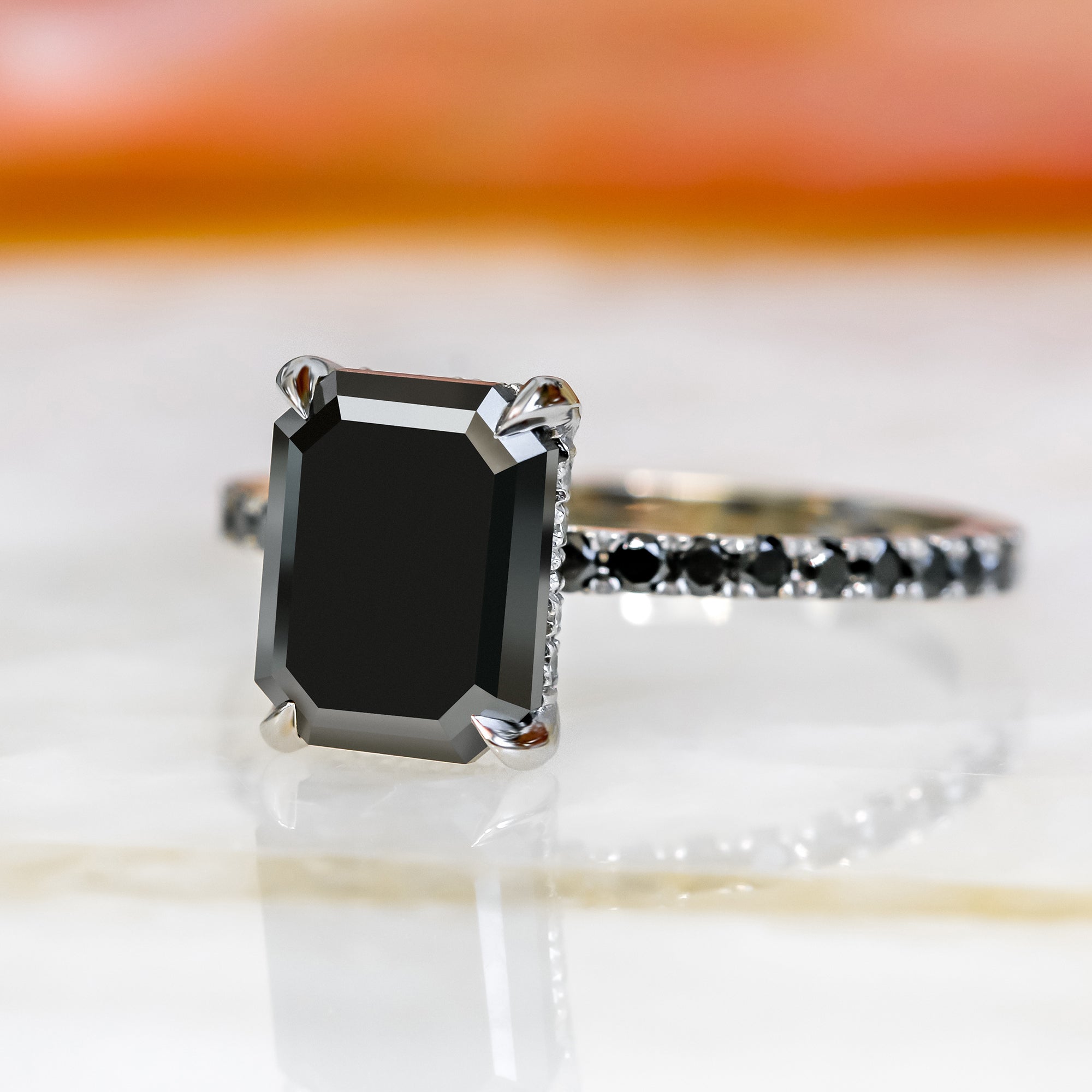 Unique  Natural Black Diamond Emerald Cut Engagement Ring