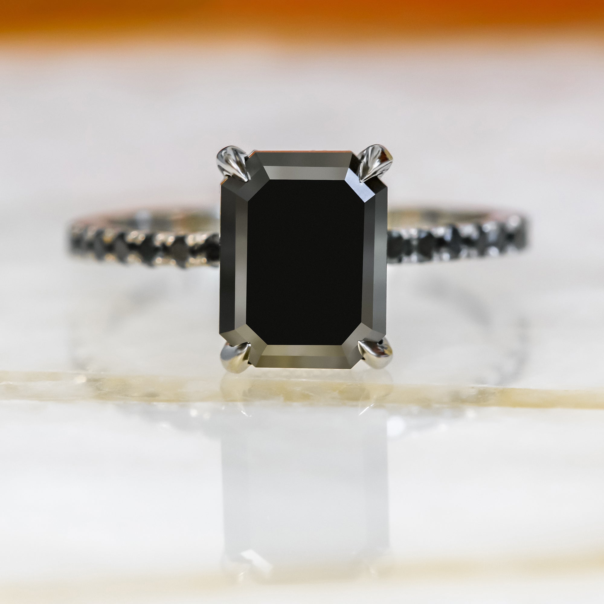 Unique  Natural Black Diamond Emerald Cut Engagement Ring