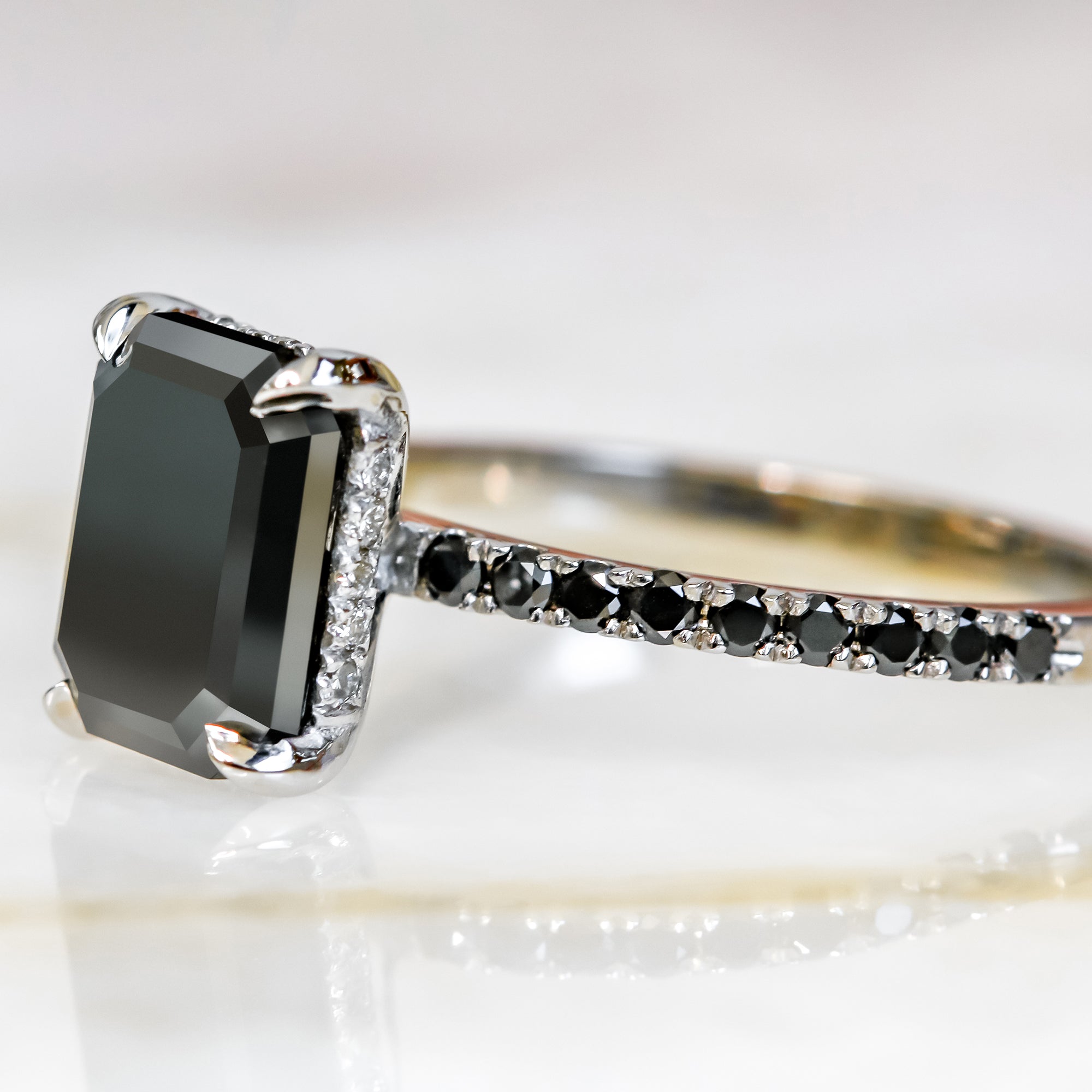 Unique  Natural Black Diamond Emerald Cut Engagement Ring