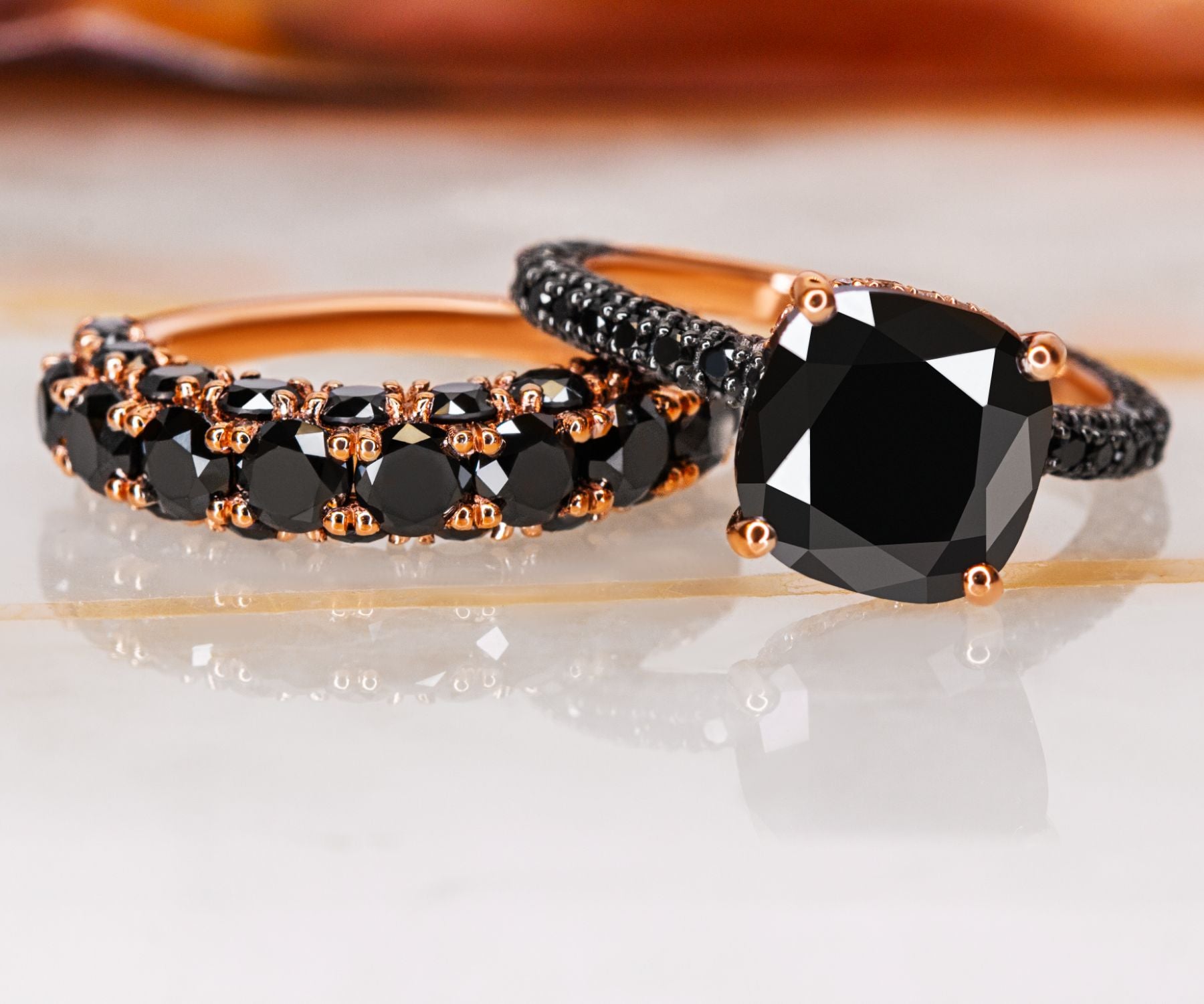 3-Row Wedding Ring with Round Cut Natural Black Diamonds