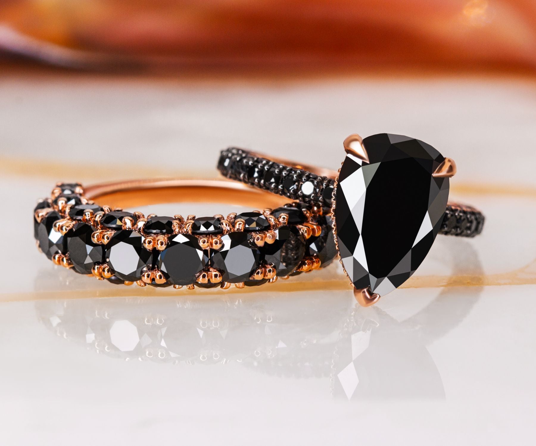 3-Row Wedding Ring with Round Cut Natural Black Diamonds