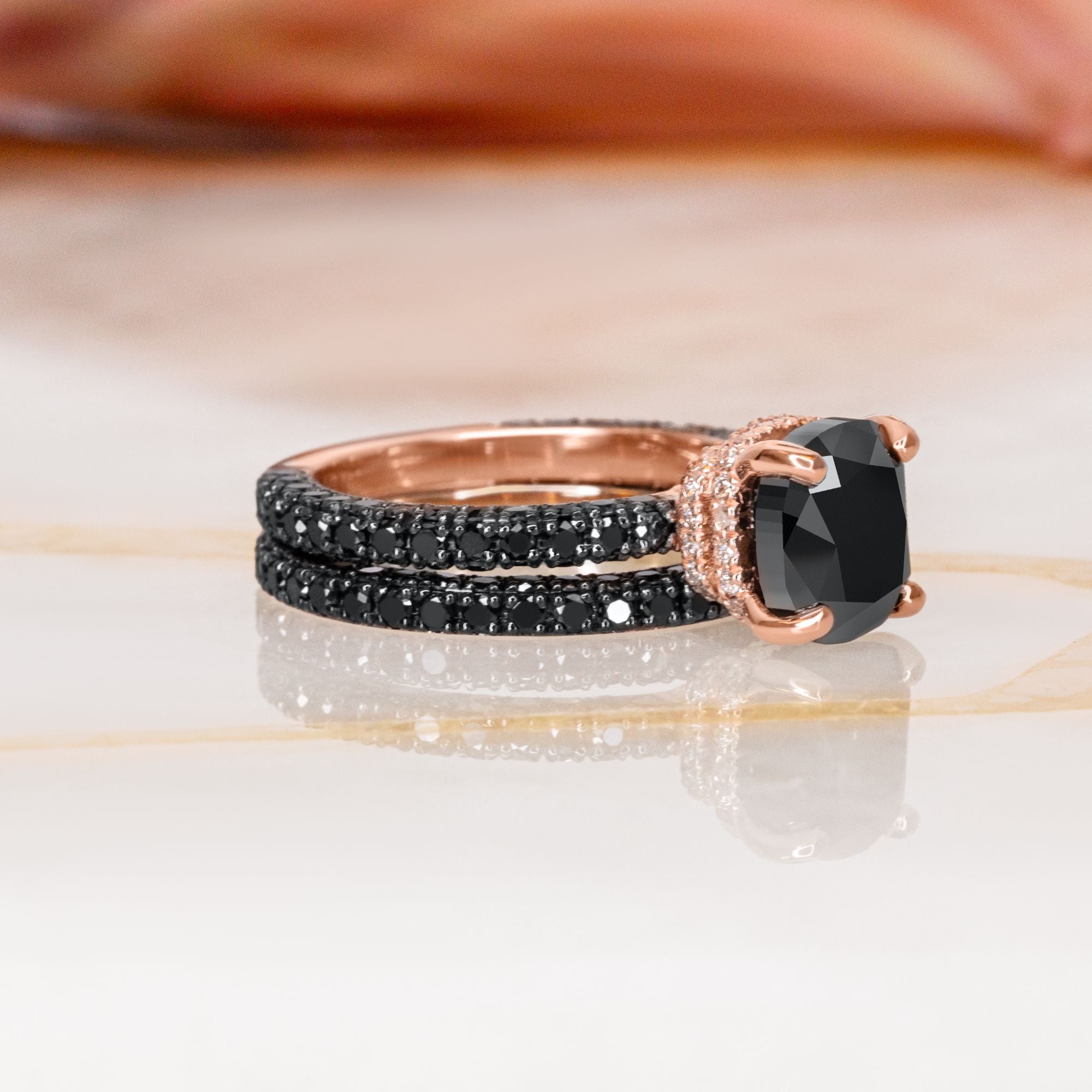 Pave Wedding Ring with Round Cut Natural Black Diamonds Rose Gold