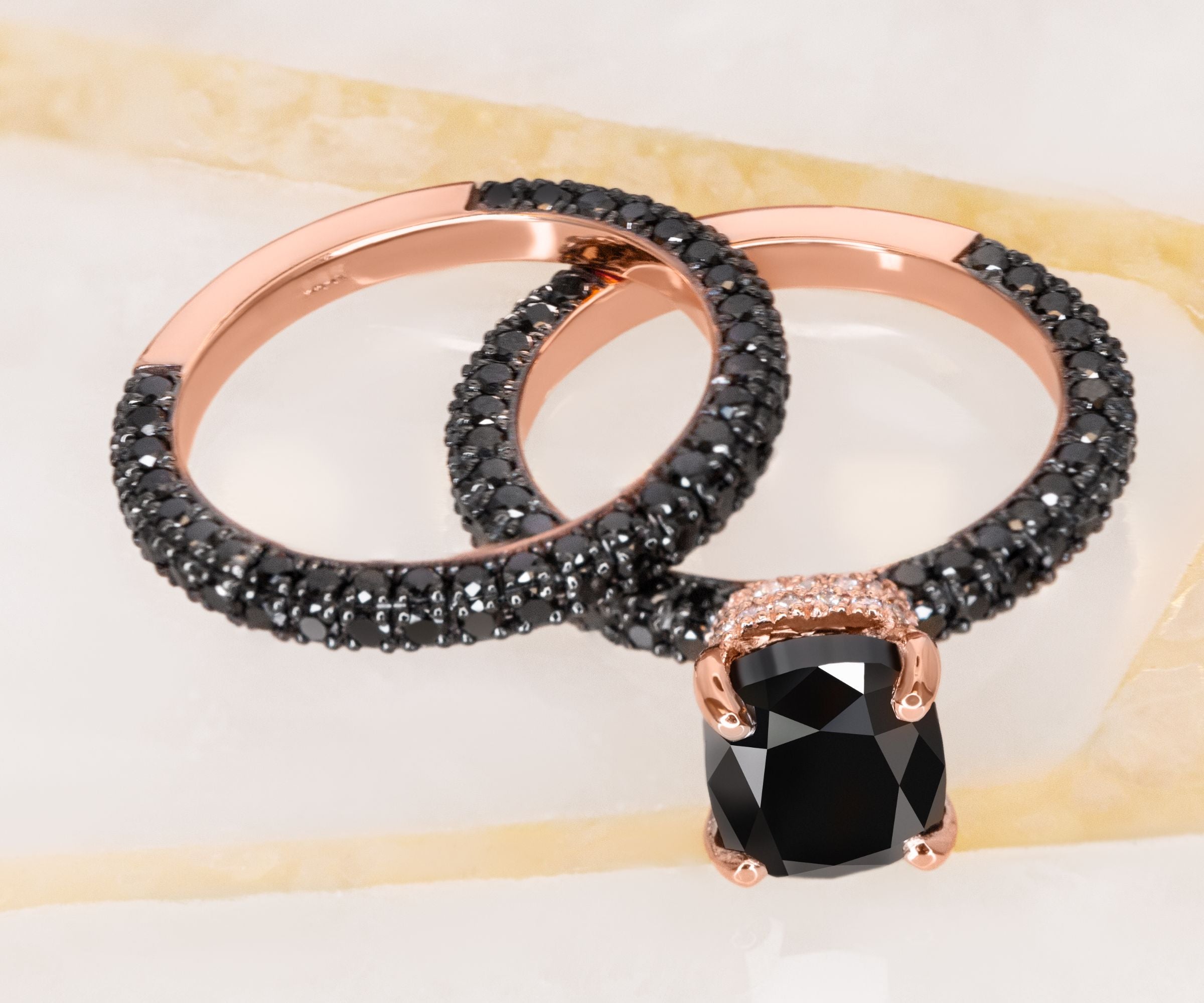 Pave Wedding Ring with Round Cut Natural Black Diamonds Rose Gold