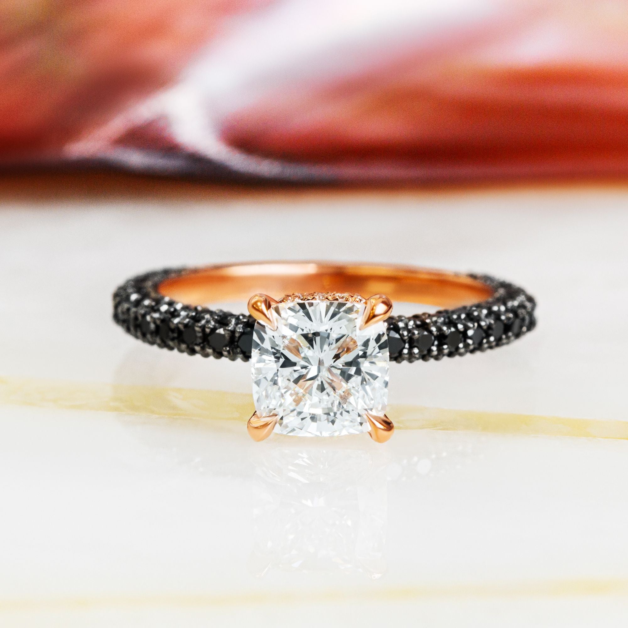 White & Black Diamonds Cushion Cut Engagement Ring