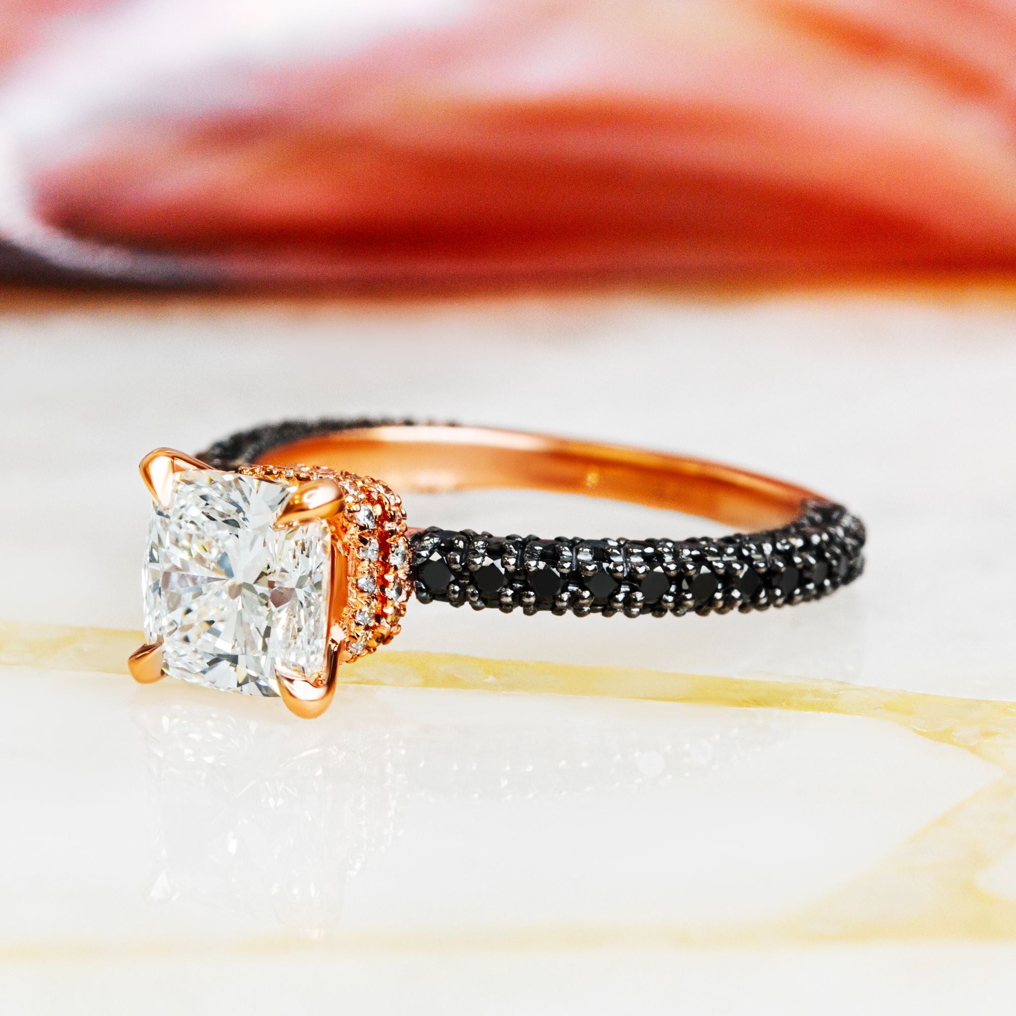White & Black Diamonds Cushion Cut Engagement Ring