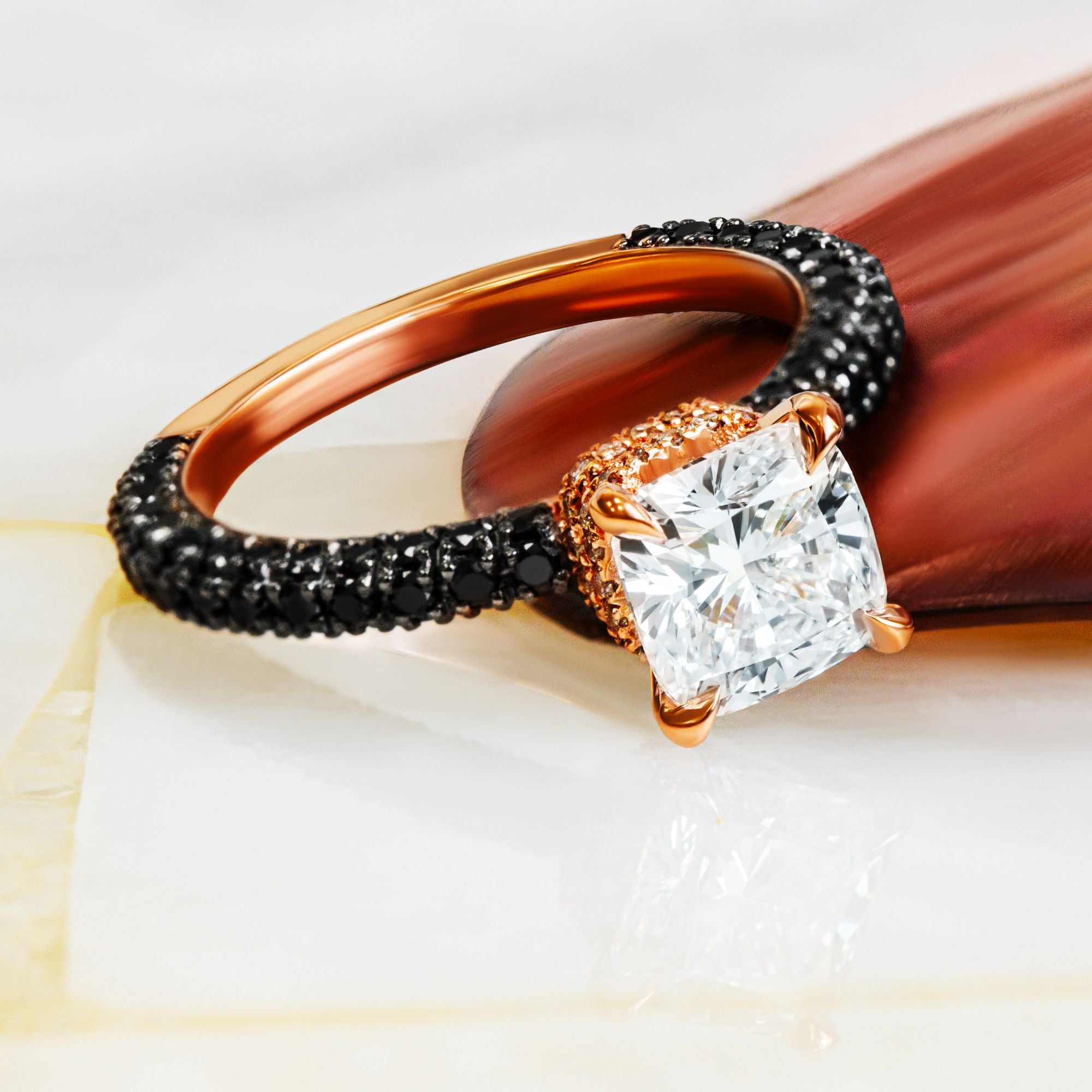White & Black Diamonds Cushion Cut Engagement Ring