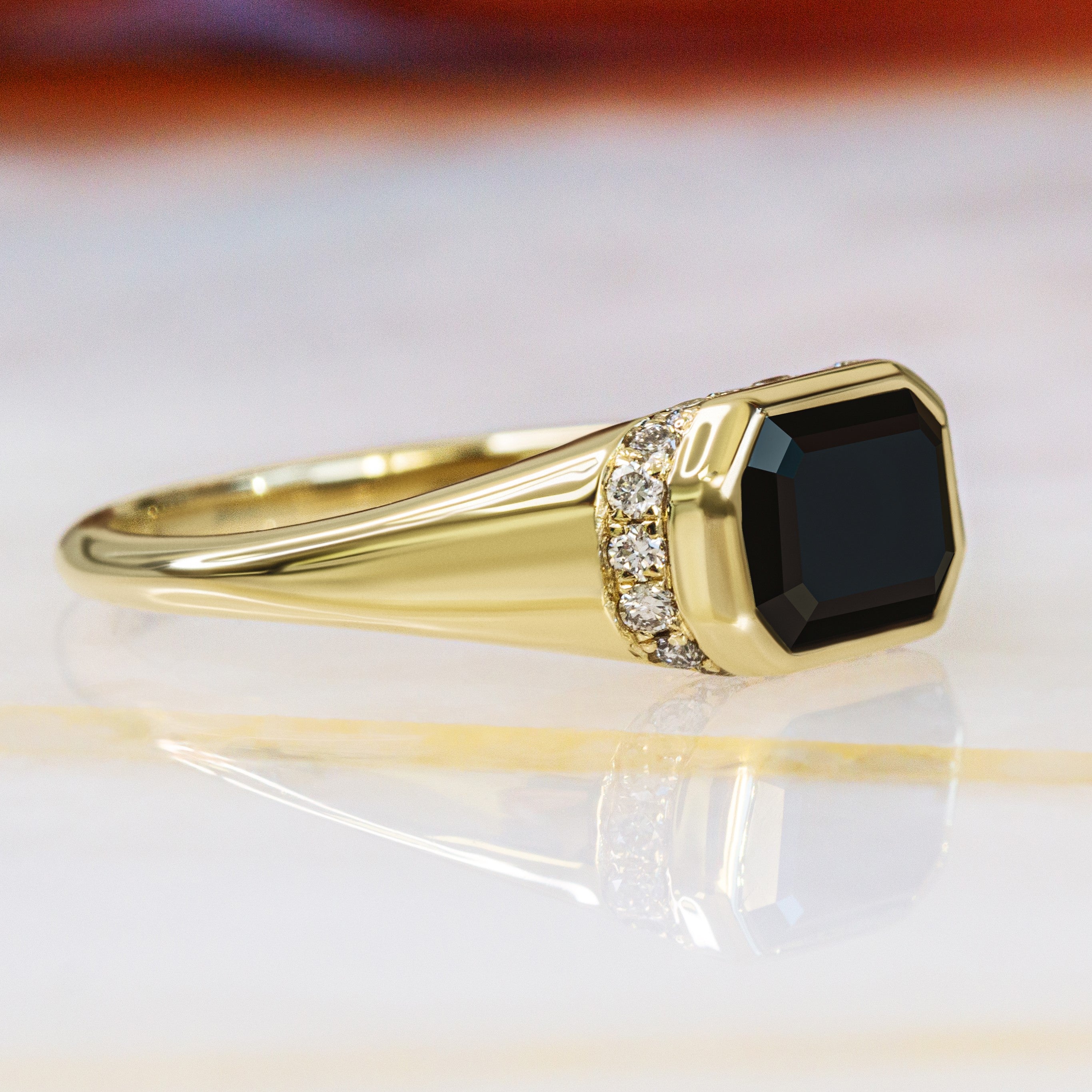 Art Deco Natural Black Diamond Emerald Cut Engagement Ring in Yellow Gold