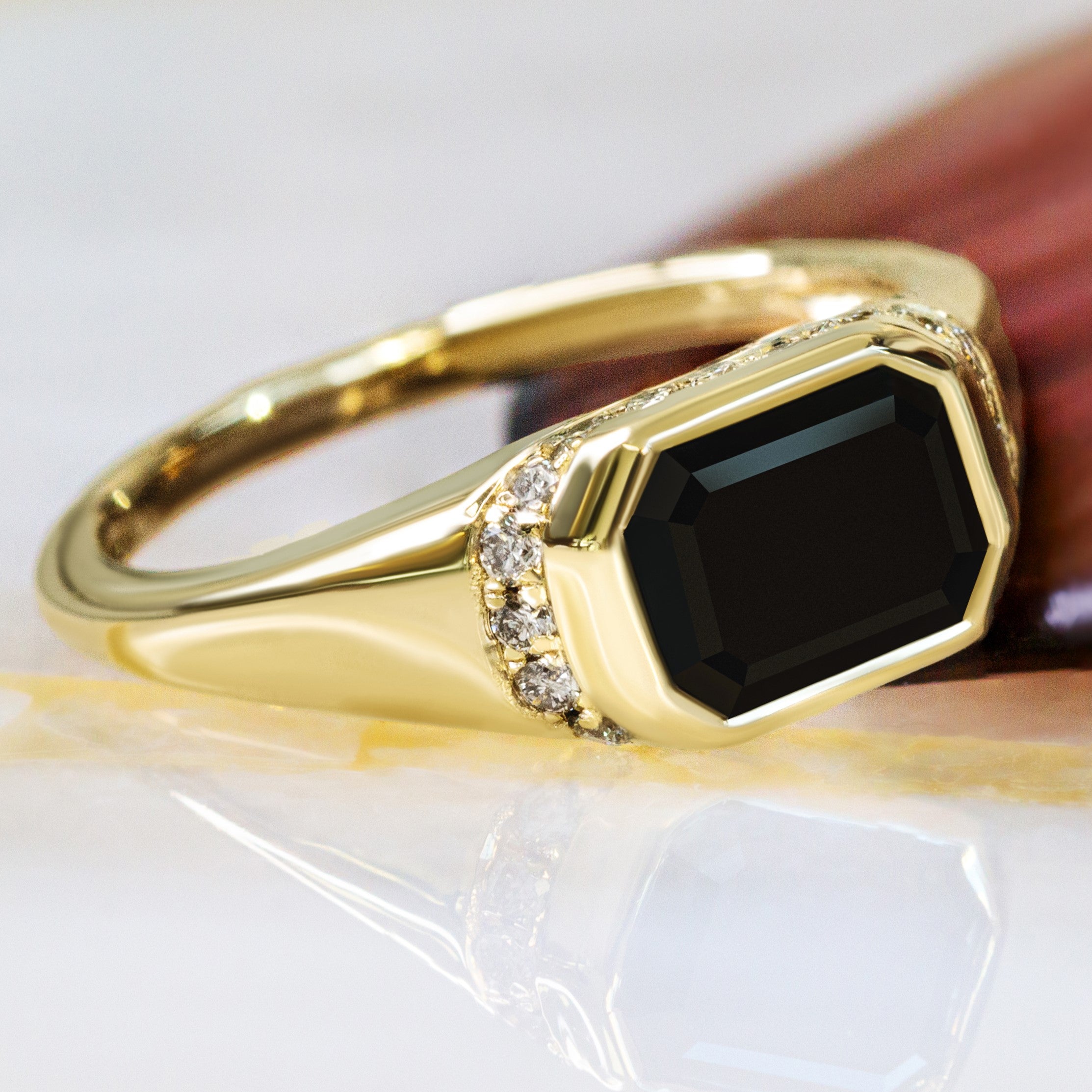Art Deco Natural Black Diamond Emerald Cut Engagement Ring in Yellow Gold