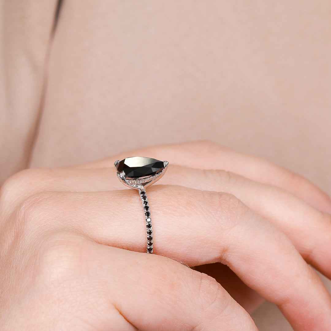 Alternative Natural Black Diamond Pear Cut Engagement Ring