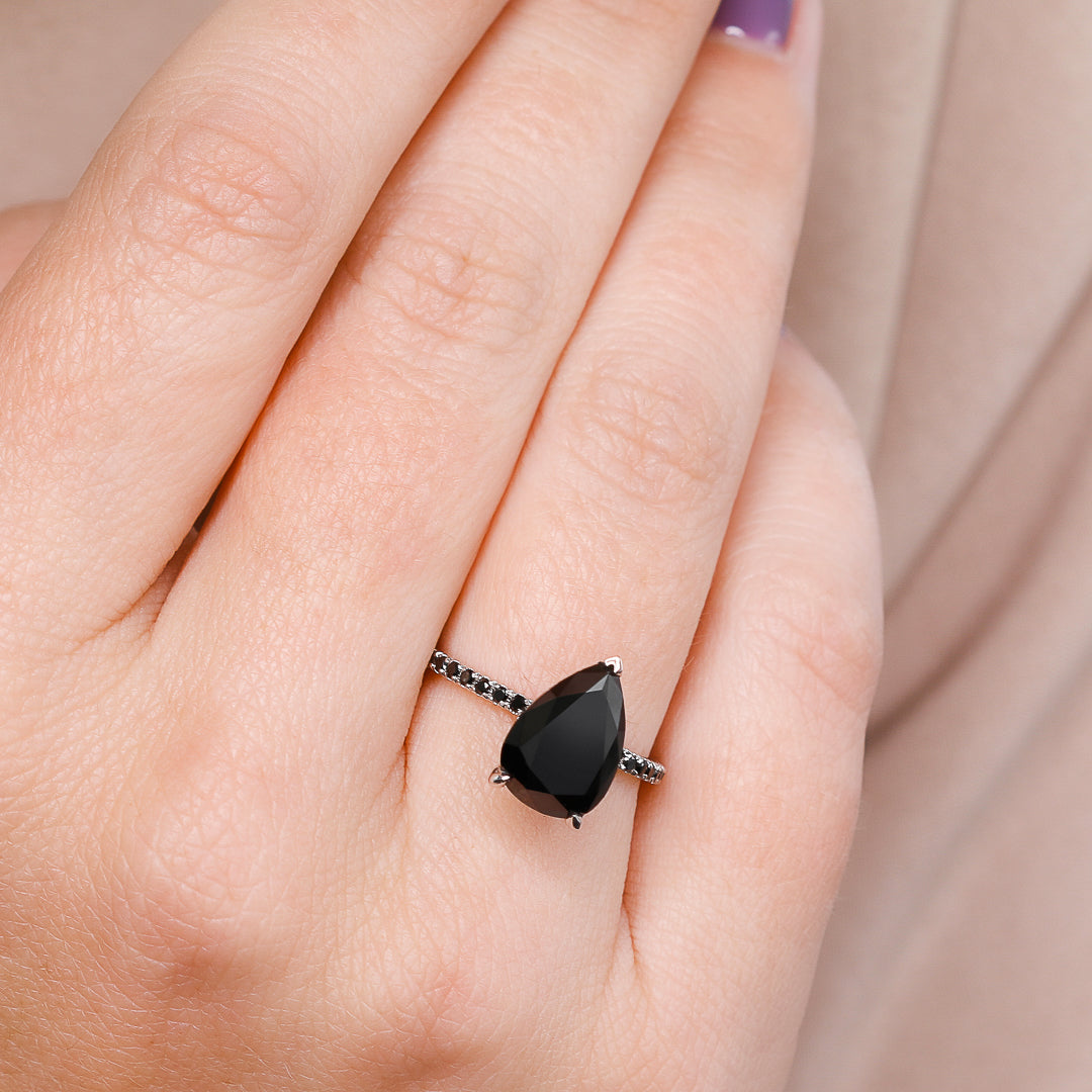 Alternative Natural Black Diamond Pear Cut Engagement Ring