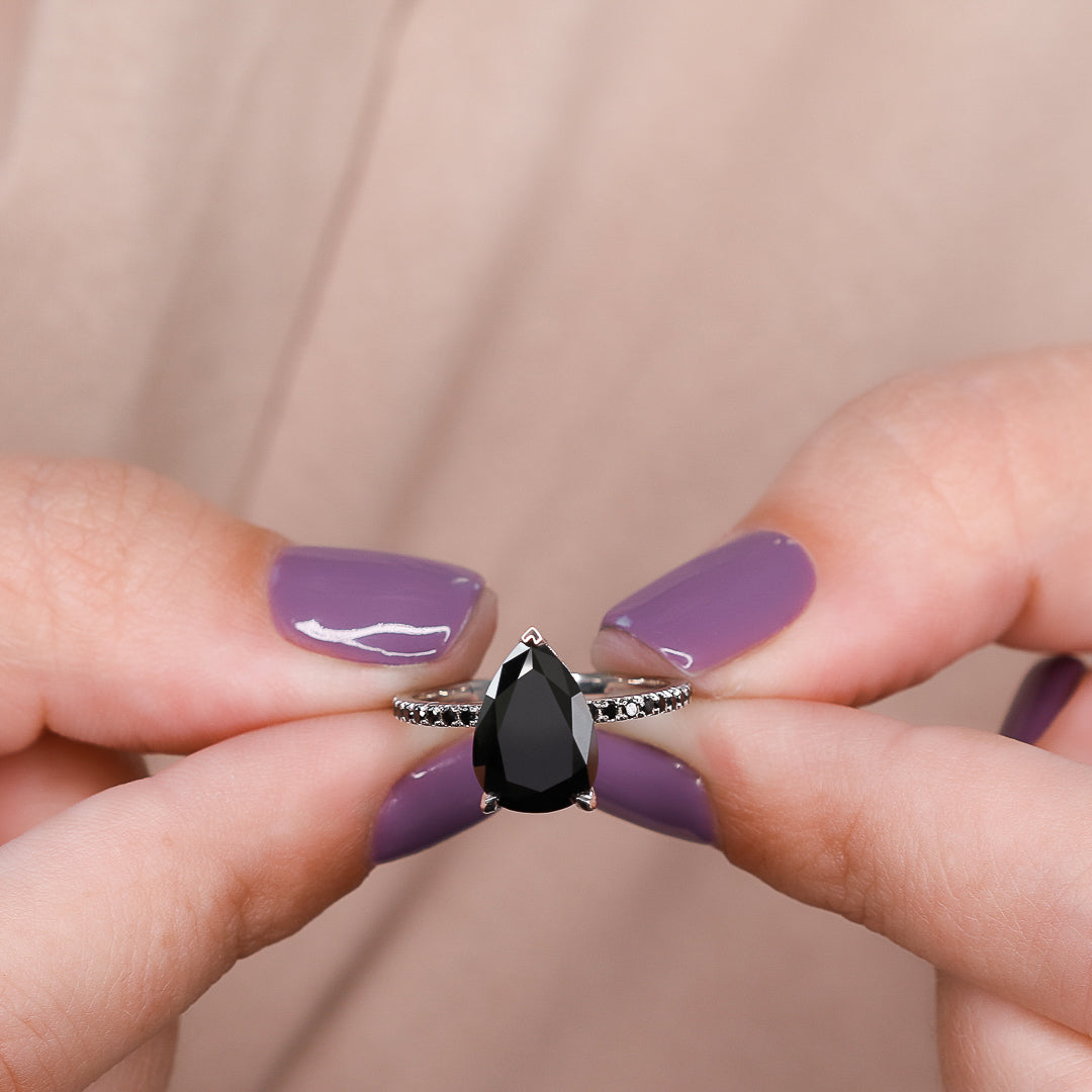 Alternative Natural Black Diamond Pear Cut Engagement Ring