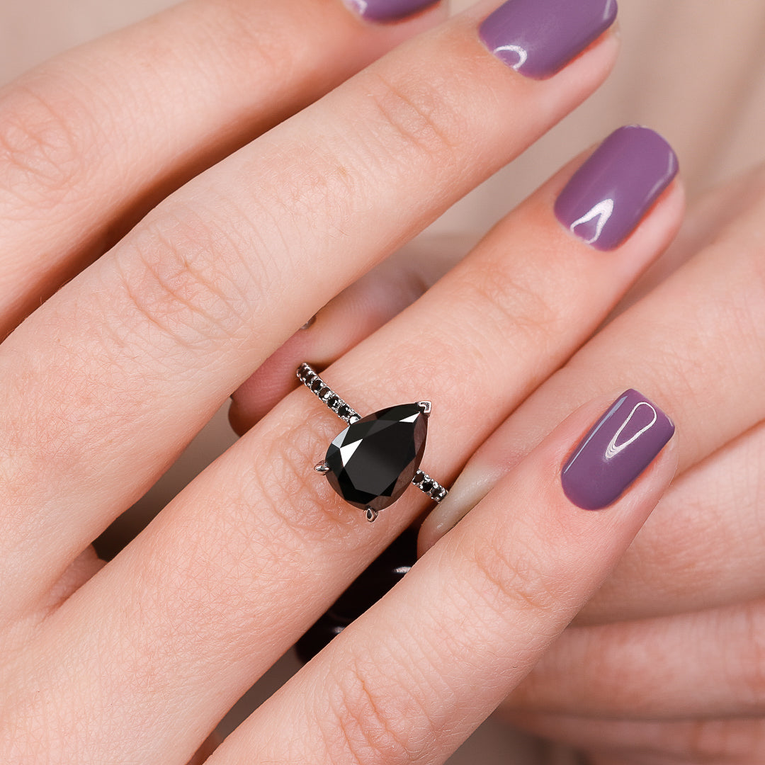 Alternative Natural Black Diamond Pear Cut Engagement Ring