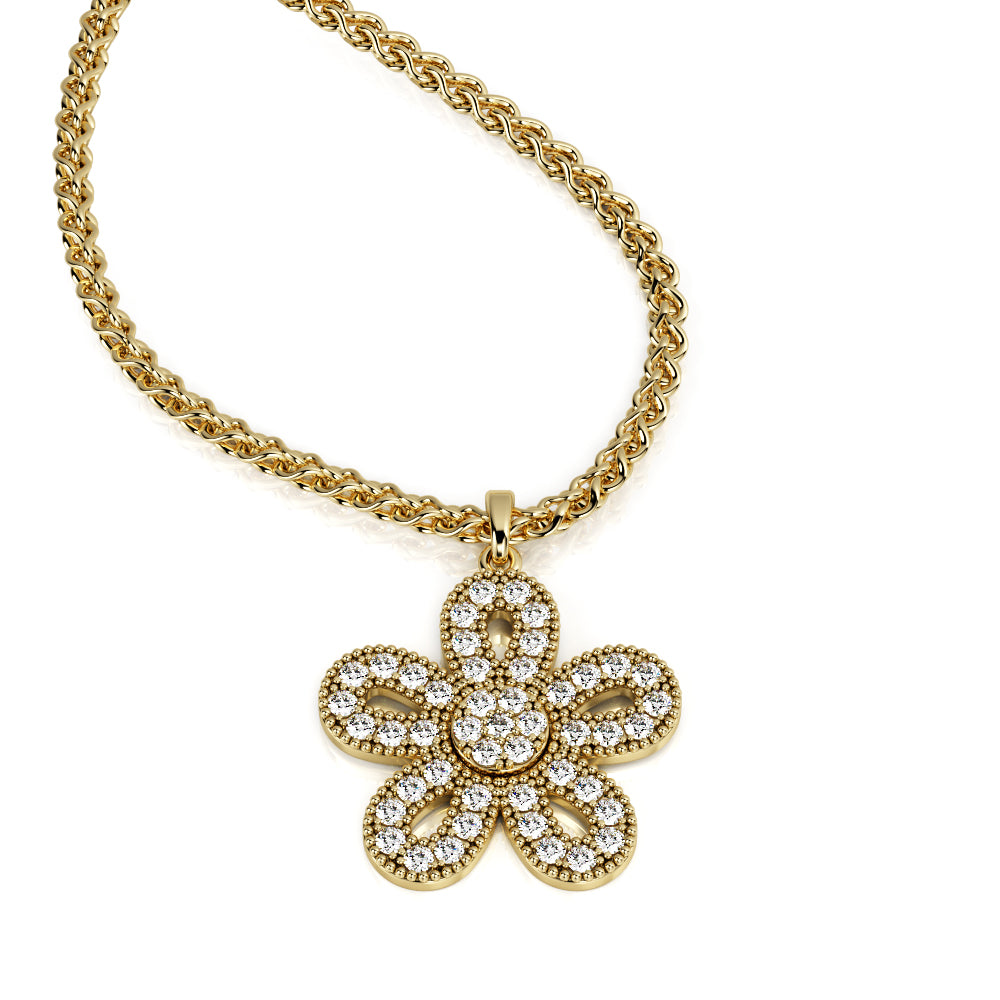 Floral Natural Diamond Pendant with a White Necklace