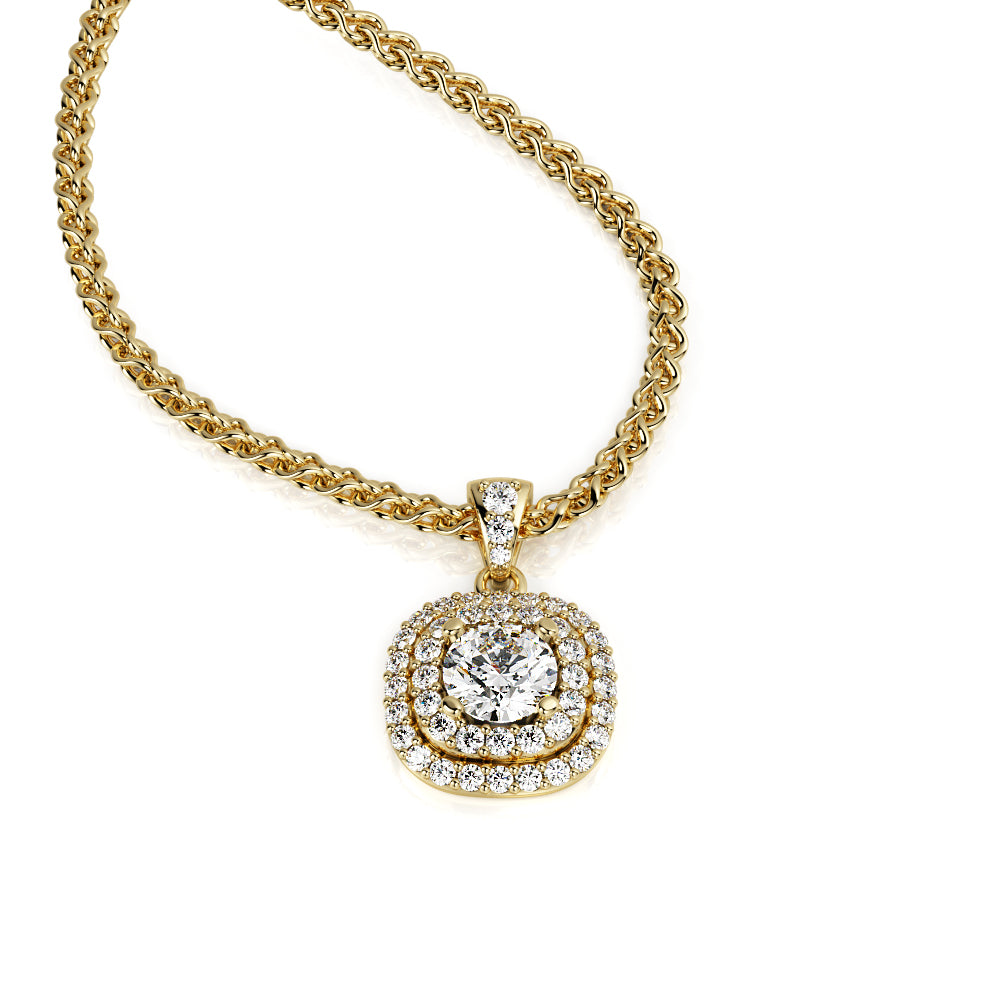 Natural Diamond Double Halo Pendant with a White Necklace