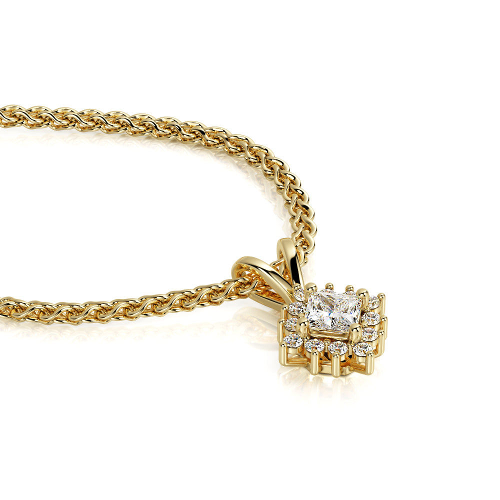 DIagonal Natural Diamond Halo Pendant with a White Necklace