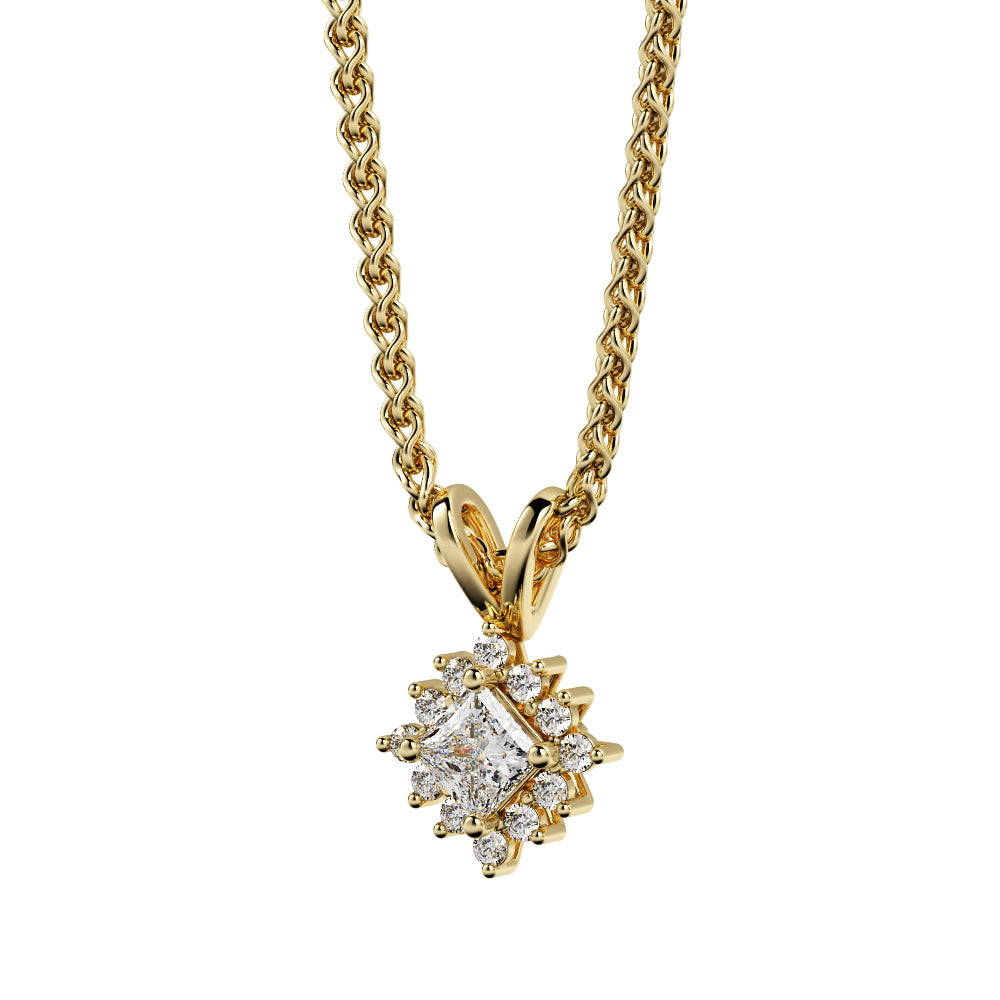 DIagonal Natural Diamond Halo Pendant with a White Necklace