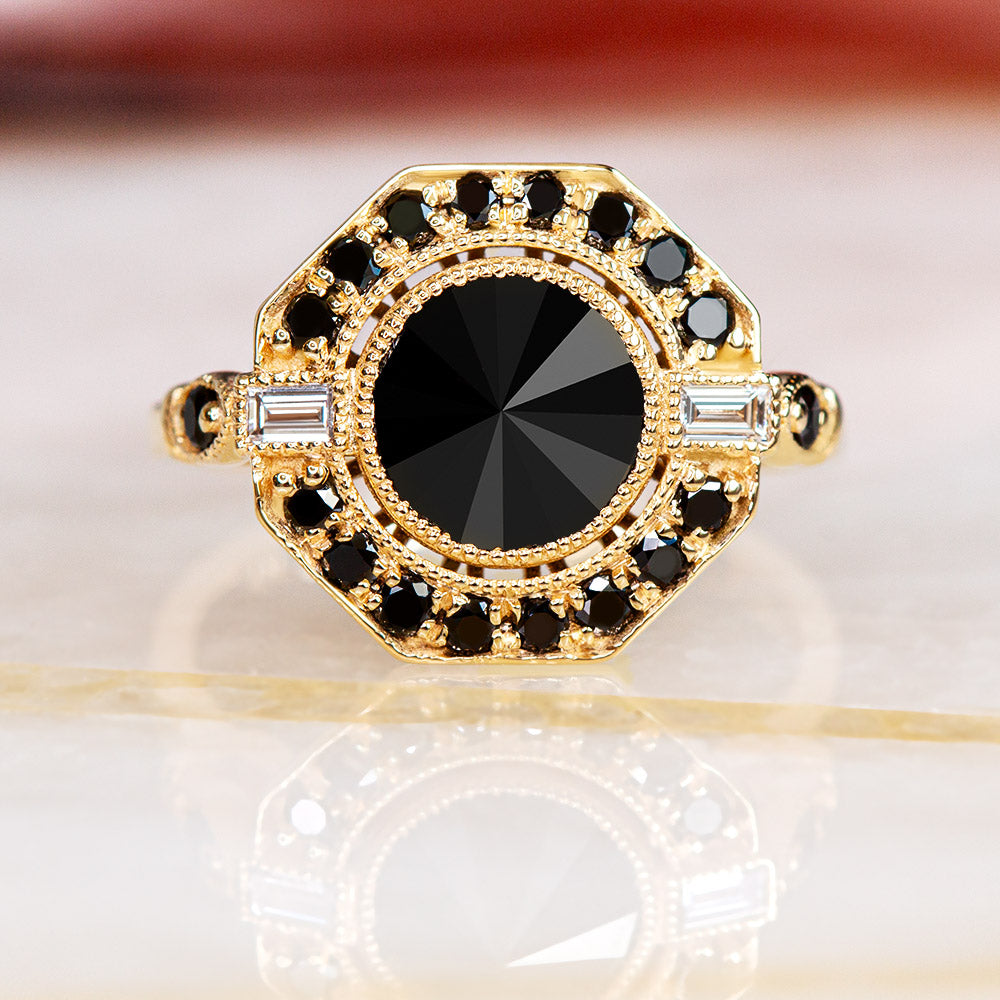 Inverted  Natural Black & White Baguette Diamond Ring