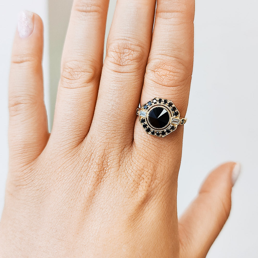 Inverted  Natural Black & White Baguette Diamond Ring